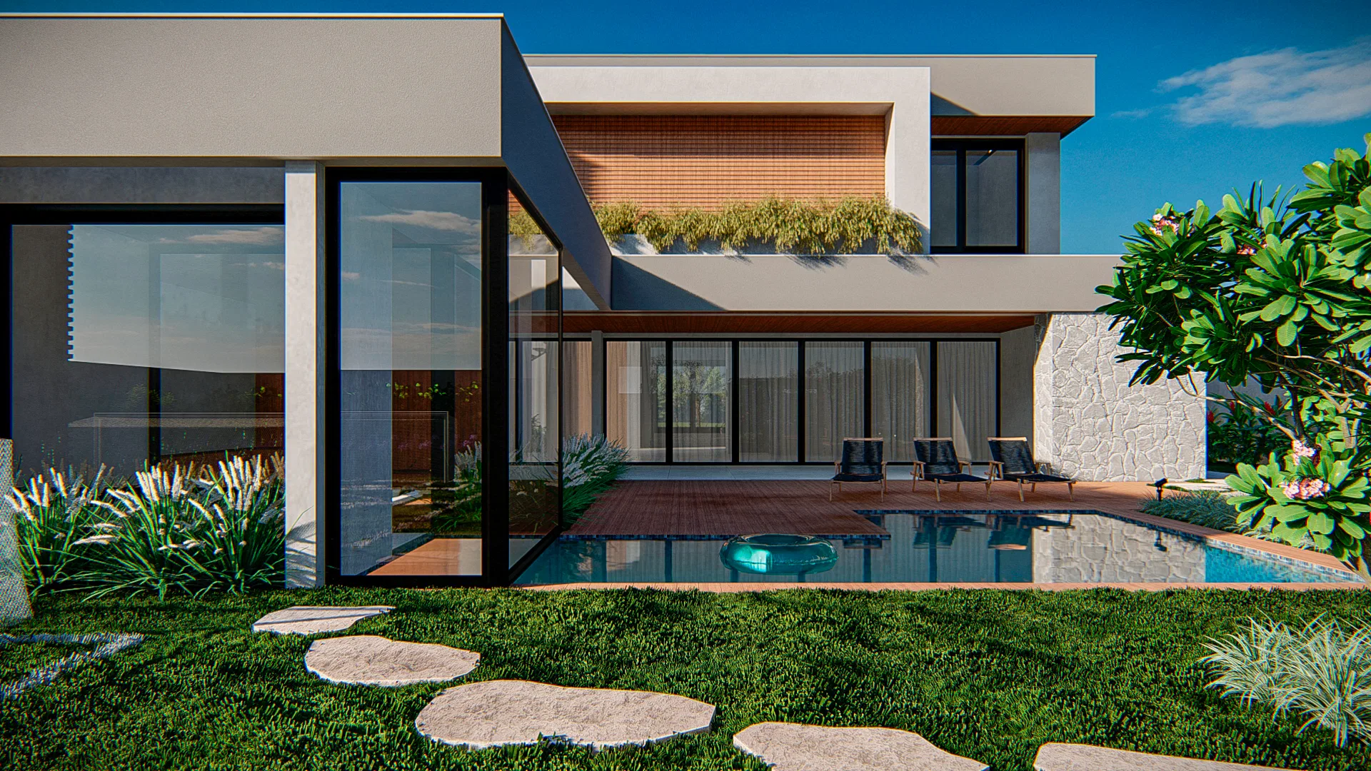 Rear of the house with a cantilevered glass volume and planter, an L-shaped pool tracing the façade and stepping stones crossing the lawn