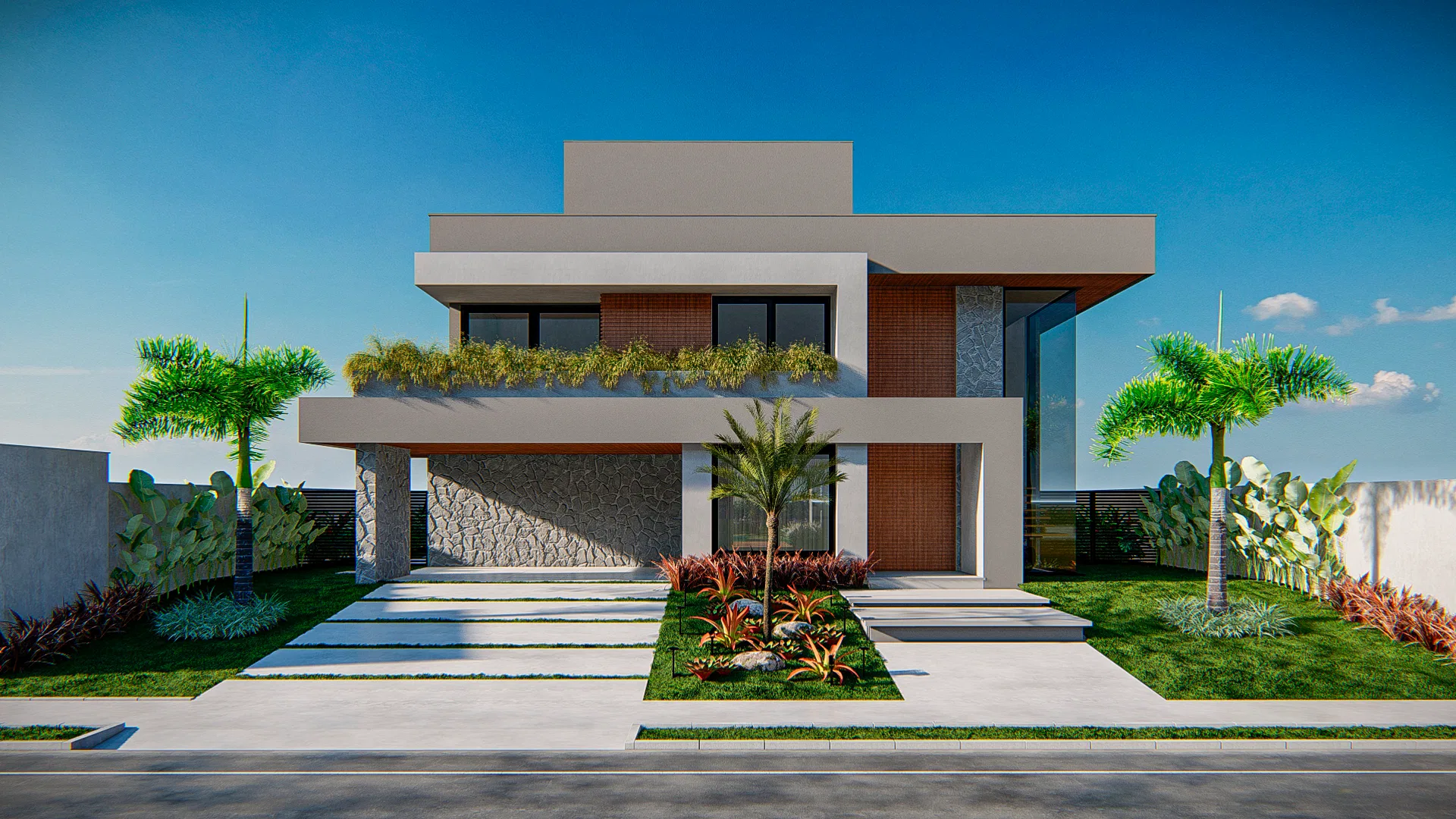 Contemporary two-storey front elevation, with palms at each side, a raised planter and paving strips crossing a tropical bed at the entrance