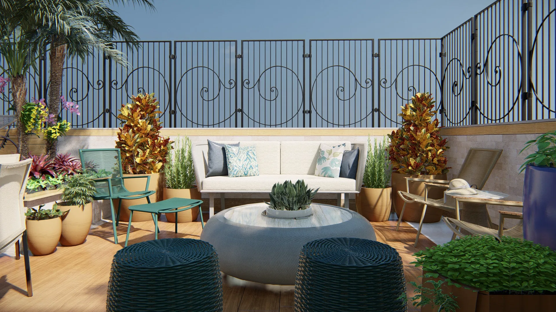 Outdoor lounge with a white sofa, a circular concrete coffee table, woven poufs and planters, before a scrolled railing