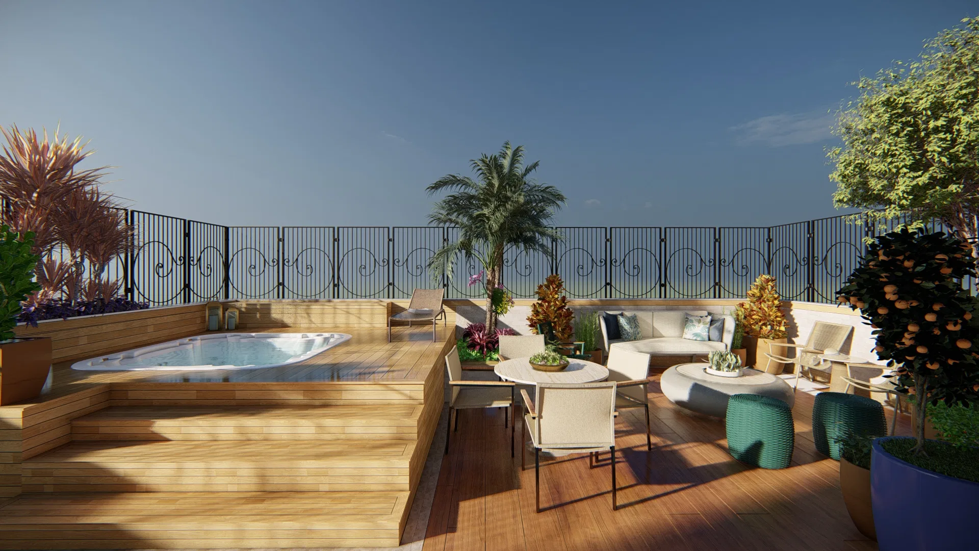 Rooftop terrace with a timber deck, a corner hydromassage tub, a curved sofa, a dining table and a wrought-iron railing