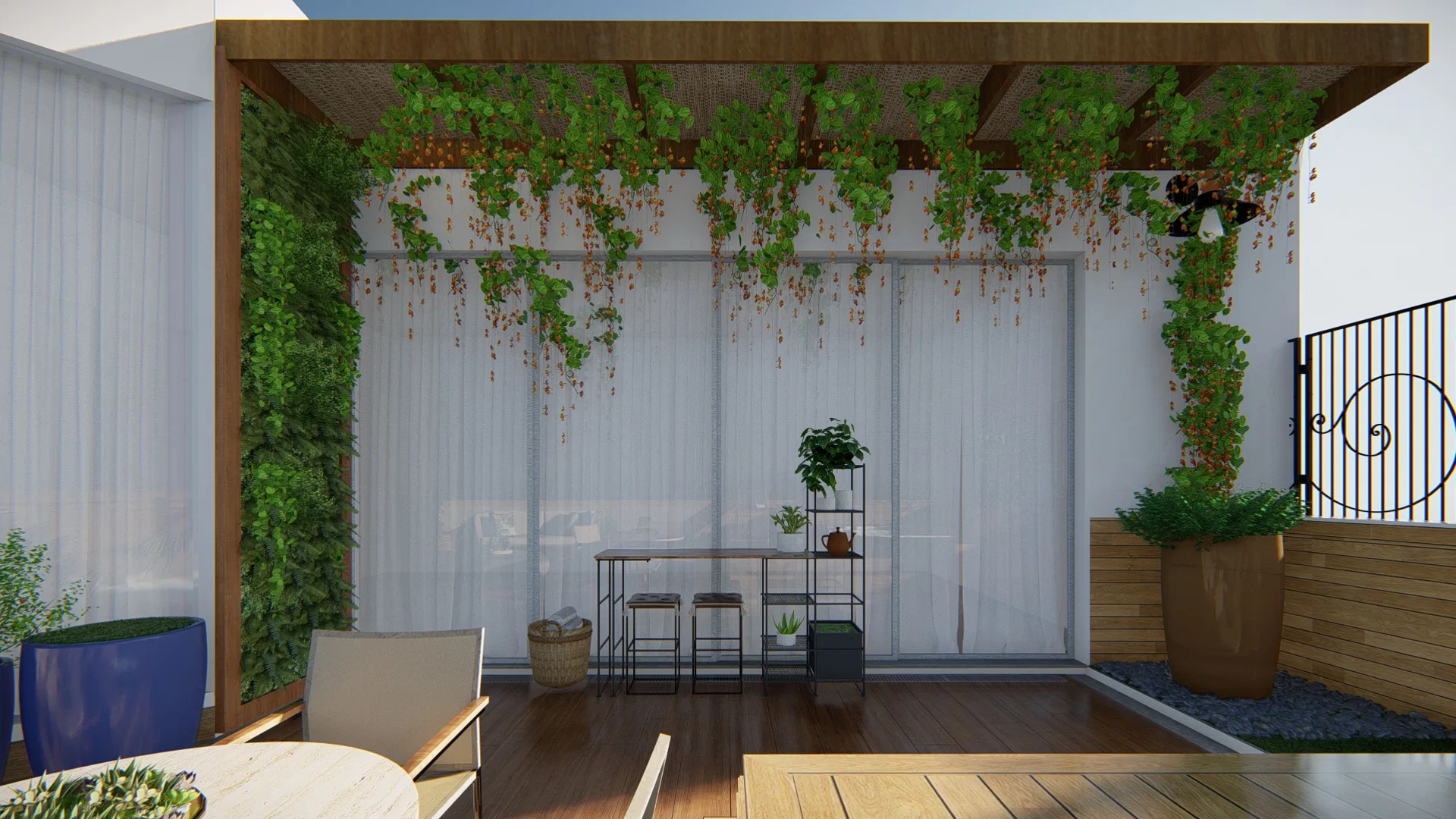 Timber pergola draped with hanging climbers over the deck, voile curtains, a green wall and a high counter with stools