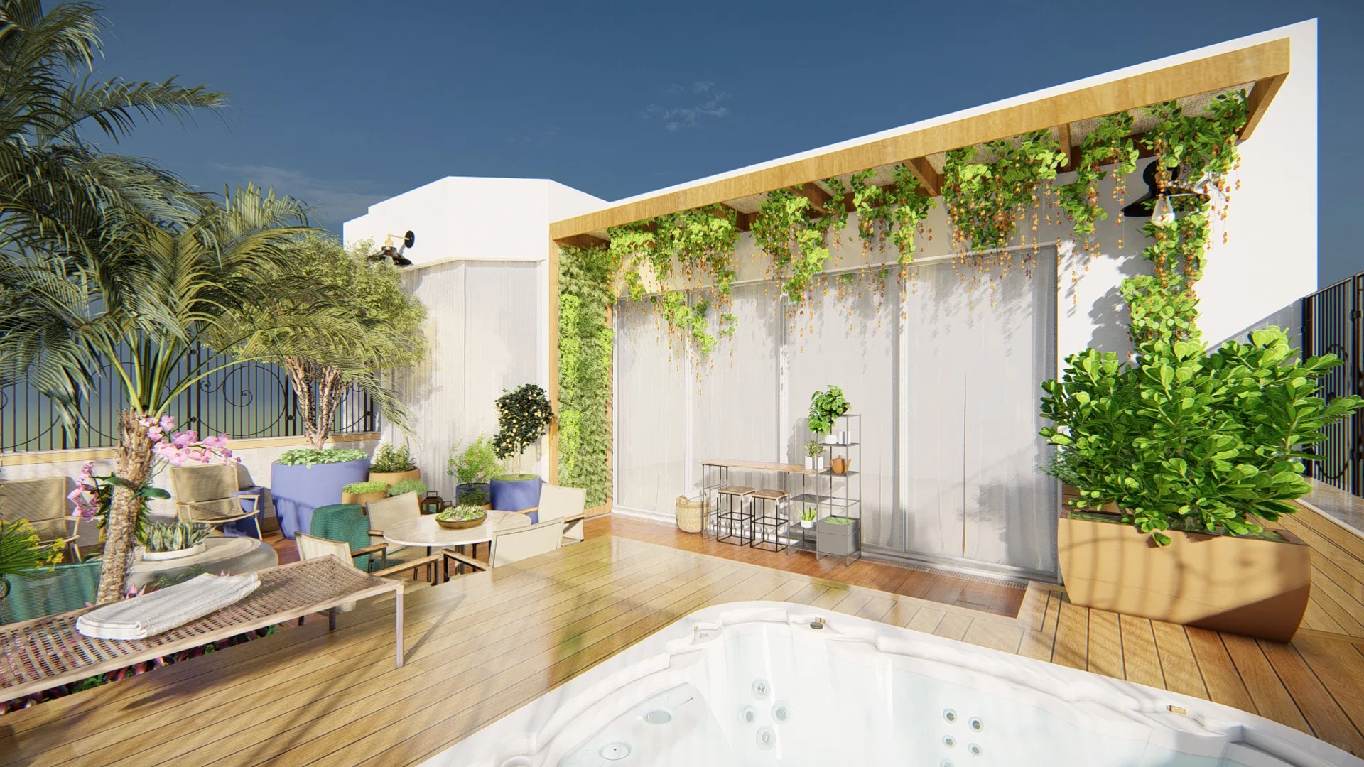Nook with a flowering pergola by the glass doors, a sofa with colourful cushions, palms and the spa edge in the foreground
