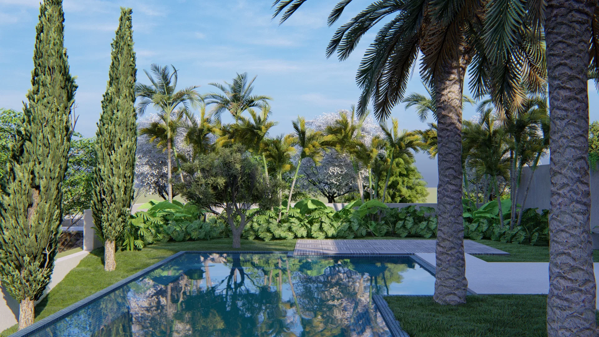 Rectangular pool framed by palm trees, cypresses and tropical foliage, its still water mirroring the canopies under a clear sky