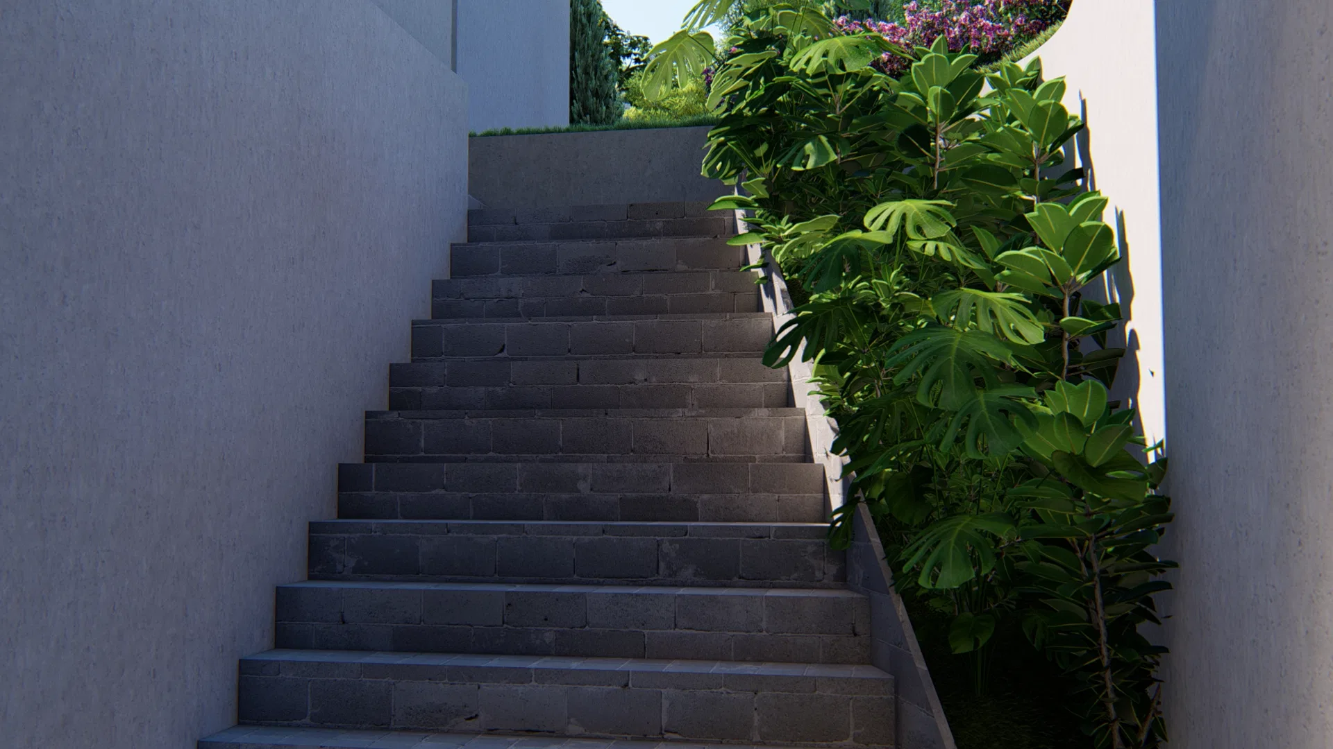 External staircase of gray stone steps between white walls, flanked by tropical foliage and a flowering climber at the top
