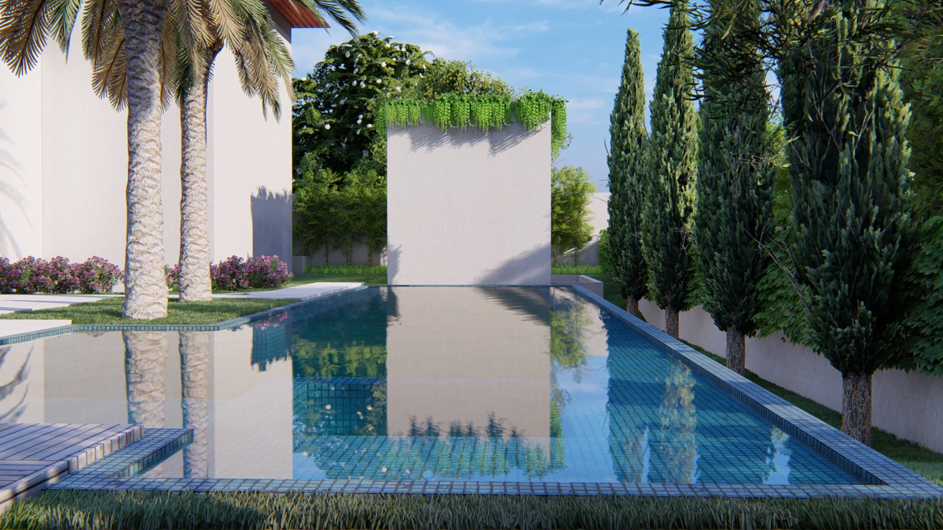 Reflecting pool before a white volume crowned by a cascading vertical garden, with cypresses and violet flowering shrubs