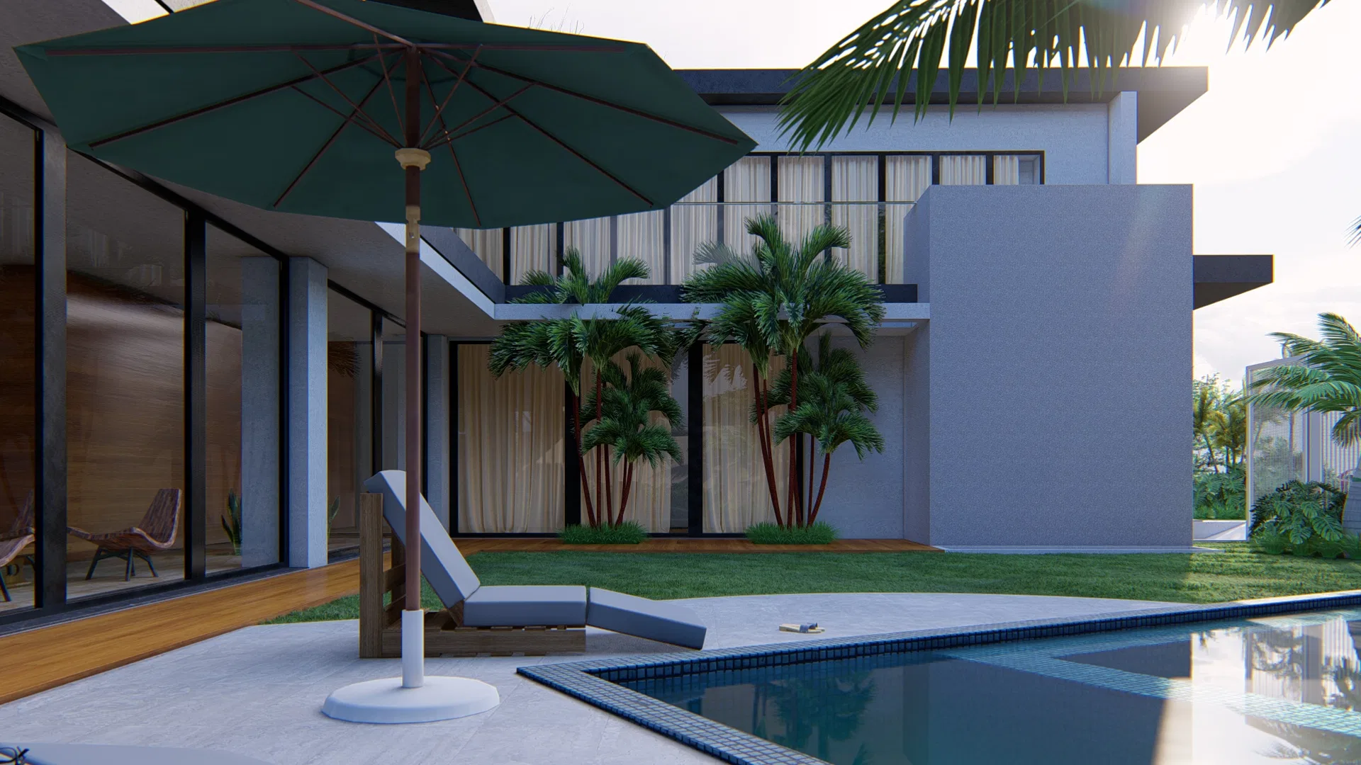 Poolside terrace with a green parasol and lounger, curtained glass walls and a cluster of palms beside the lawn