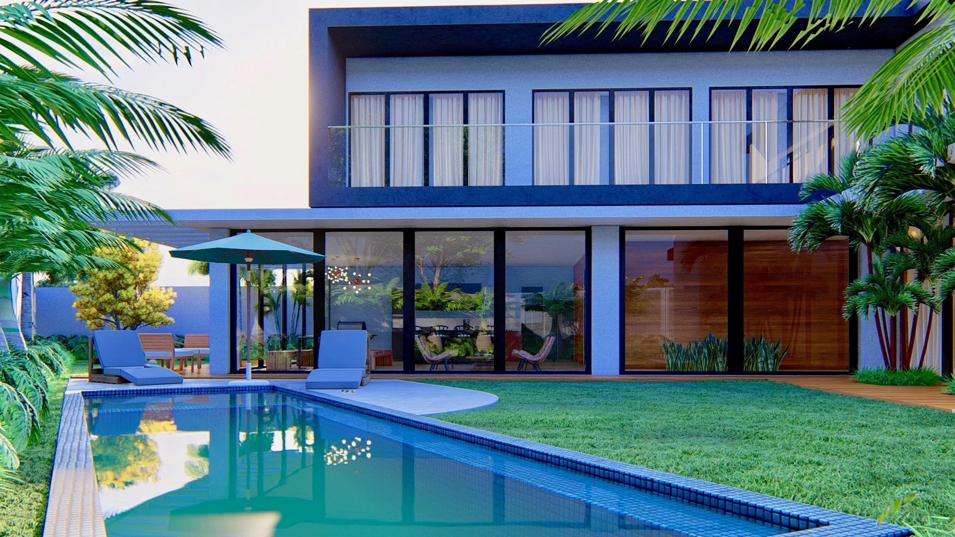 Backyard at dusk with a two-storey house, lit glass doors, a pool with loungers and a parasol, framed by palms
