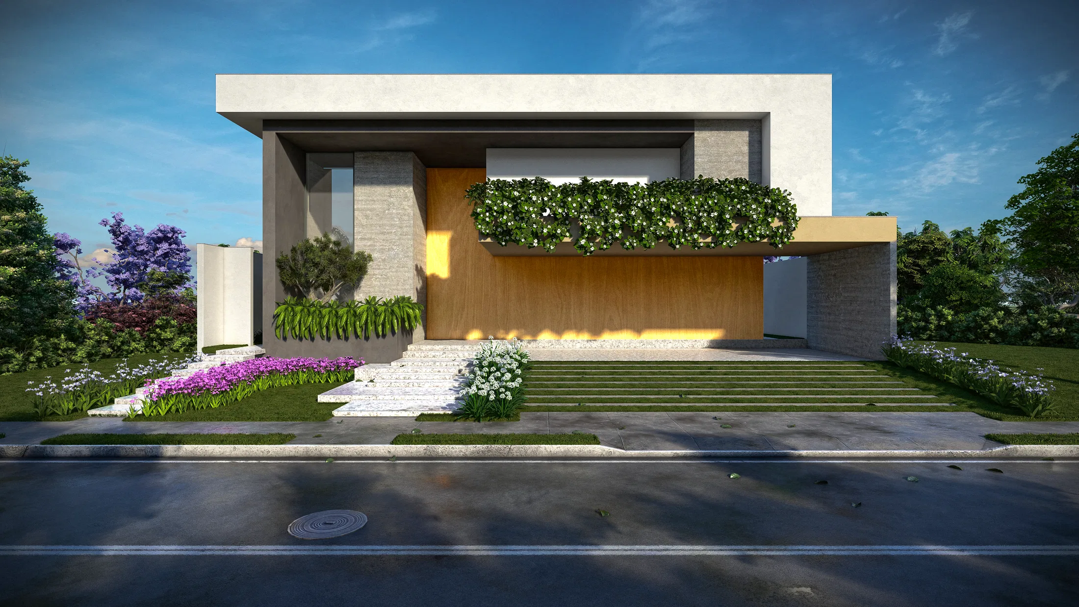 A modern house facade in concrete, wood and stone, with a suspended green planter, an entry stair and a bed of purple and white flowers.