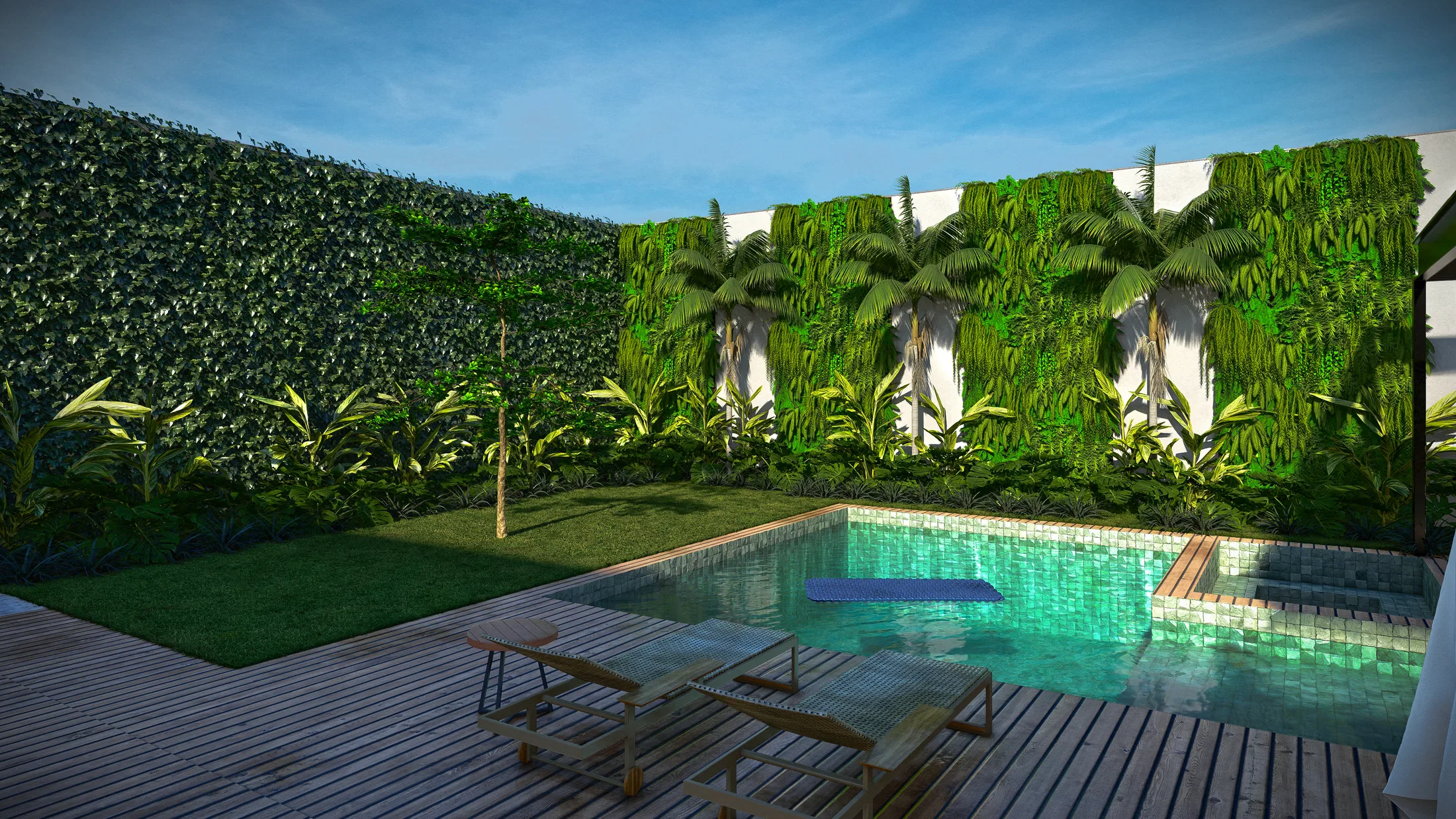 Piscina de pastilha com iluminação esverdeada ao entardecer, deck de madeira com espreguiçadeiras e muros cobertos por jardim vertical.