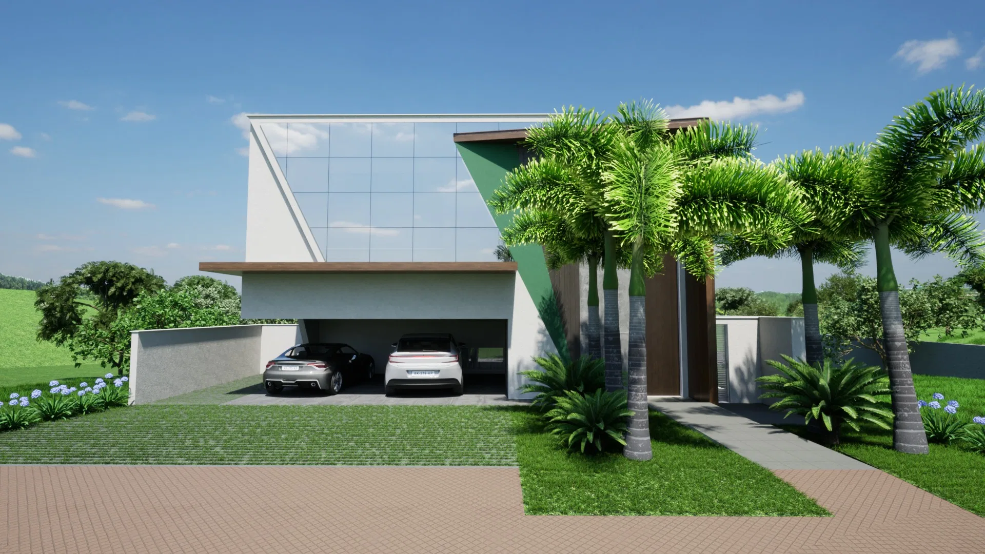 Asymmetric concrete-and-glass facade with a covered garage for two cars and imperial palms over Portuguese-stone paving
