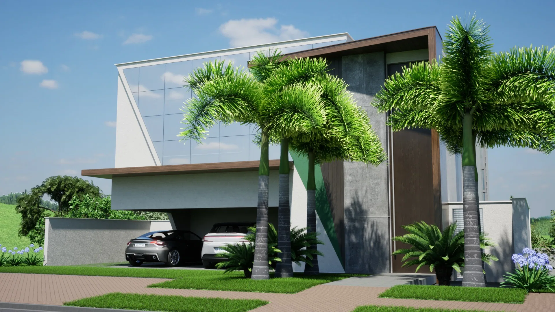 Front of the residence framed by imperial palms, with grass strips between paving modules and a glass volume behind