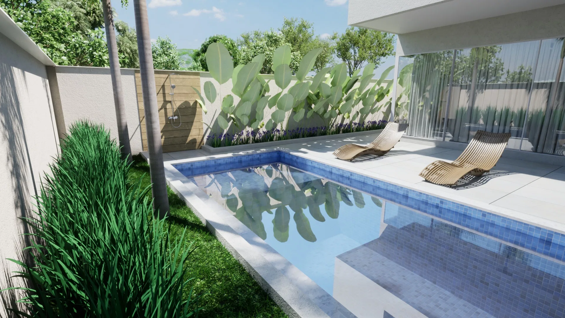 Narrow blue-tiled lateral pool with slatted wooden loungers and a cactus panel on the wall beside the glazed facade