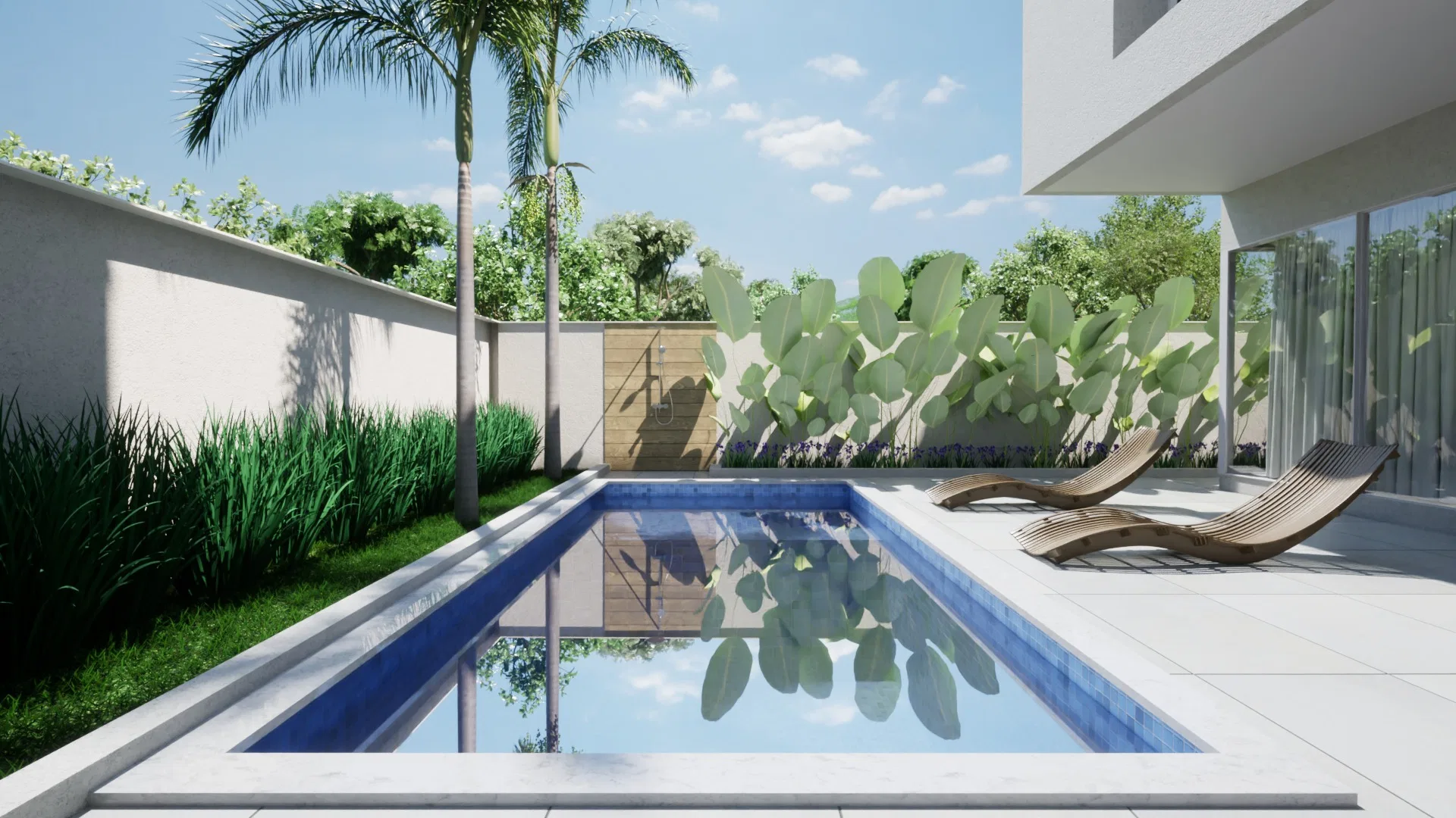Lateral pool with two palms, a bed of ornamental grasses and a wall clad in cactus leaves under a blue sky