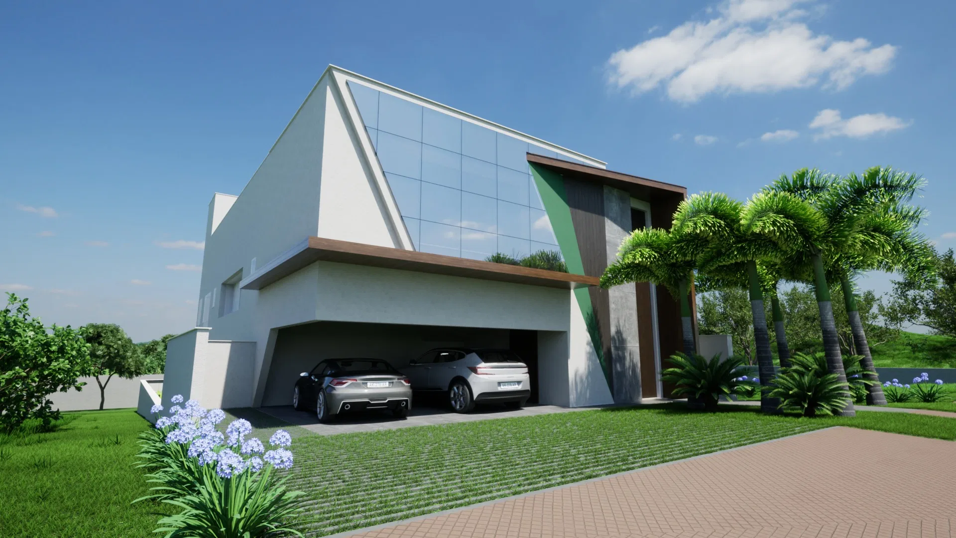 Angular glass-and-concrete volume with a two-car garage, flowering agapanthus in the foreground and palms to the right