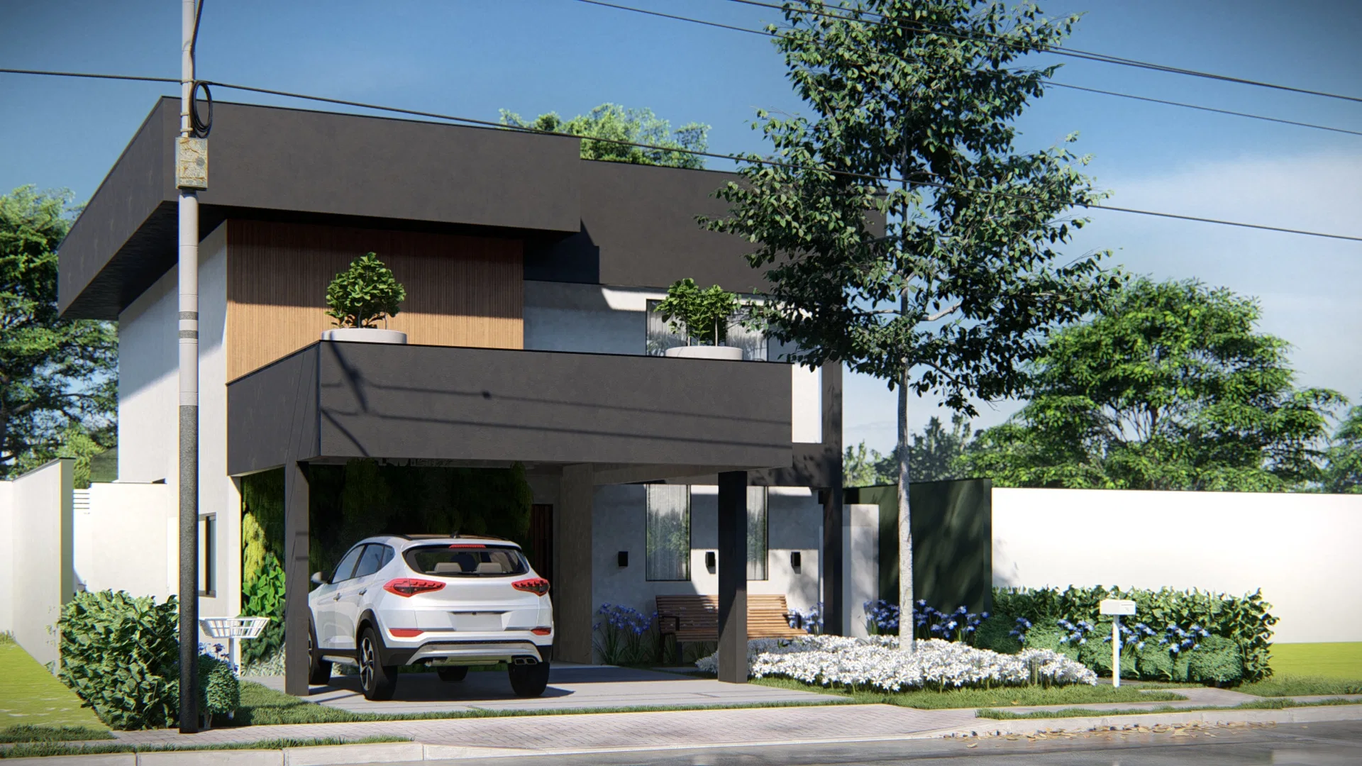 Architectural visualization of Modern Residential Facade with Vertical Garden Panel and White Flowers — GRON 3D