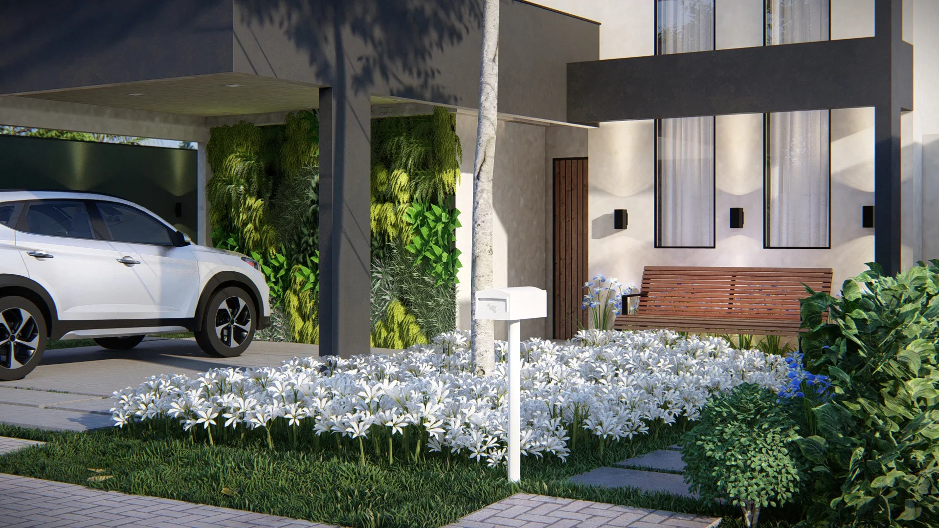 Architectural visualization of Modern Residential Facade with Vertical Garden Panel and White Flowers — GRON 3D