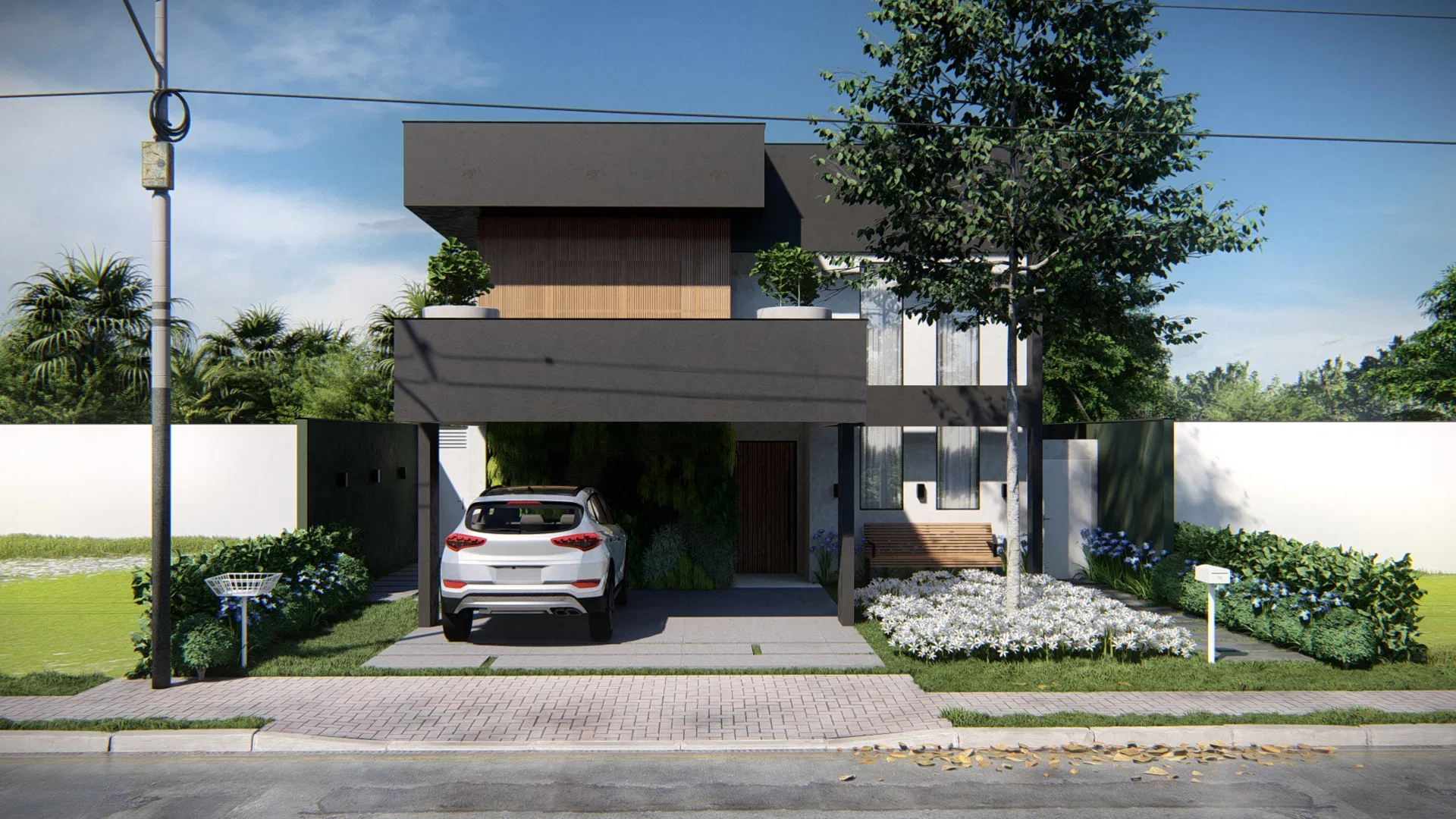 Architectural visualization of Modern Residential Facade with Vertical Garden Panel and White Flowers — GRON 3D