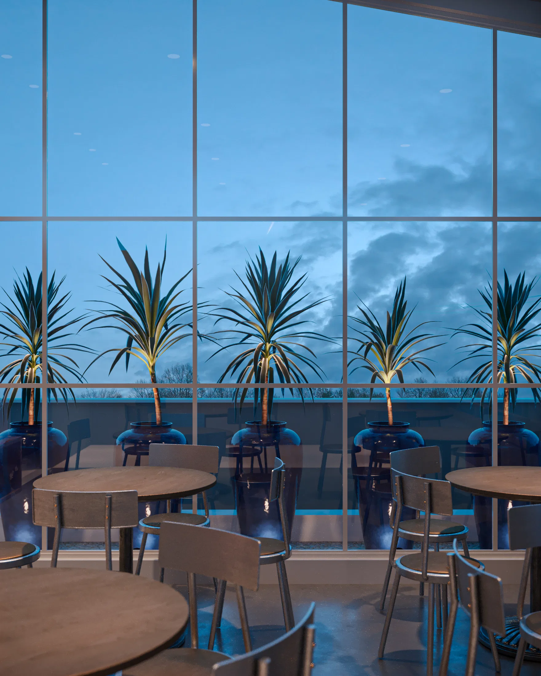 Interior dining room at dusk, with round wood tables and a view through a glass facade to blue planters with dracaenas on an outdoor terrace