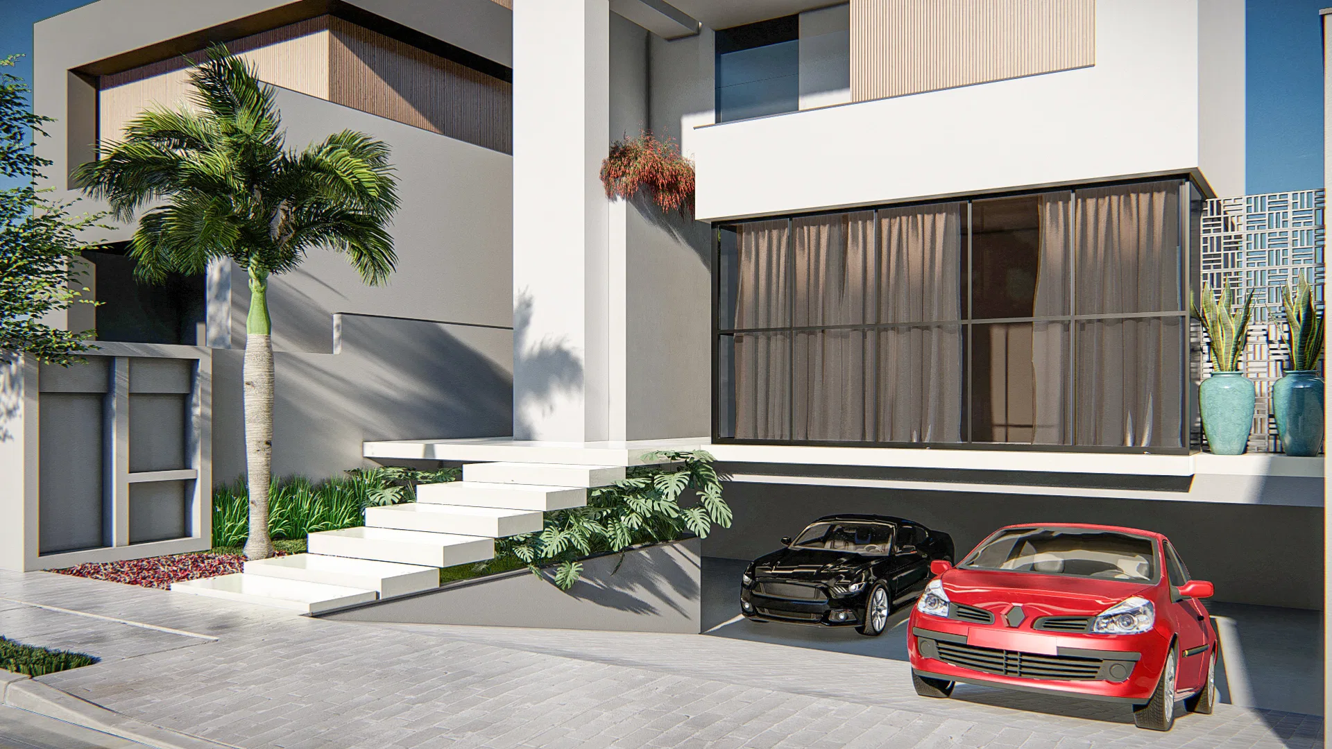 Closer view of the facade with an entrance staircase, a flowering bed beside the steps and a covered parking area with two vehicles