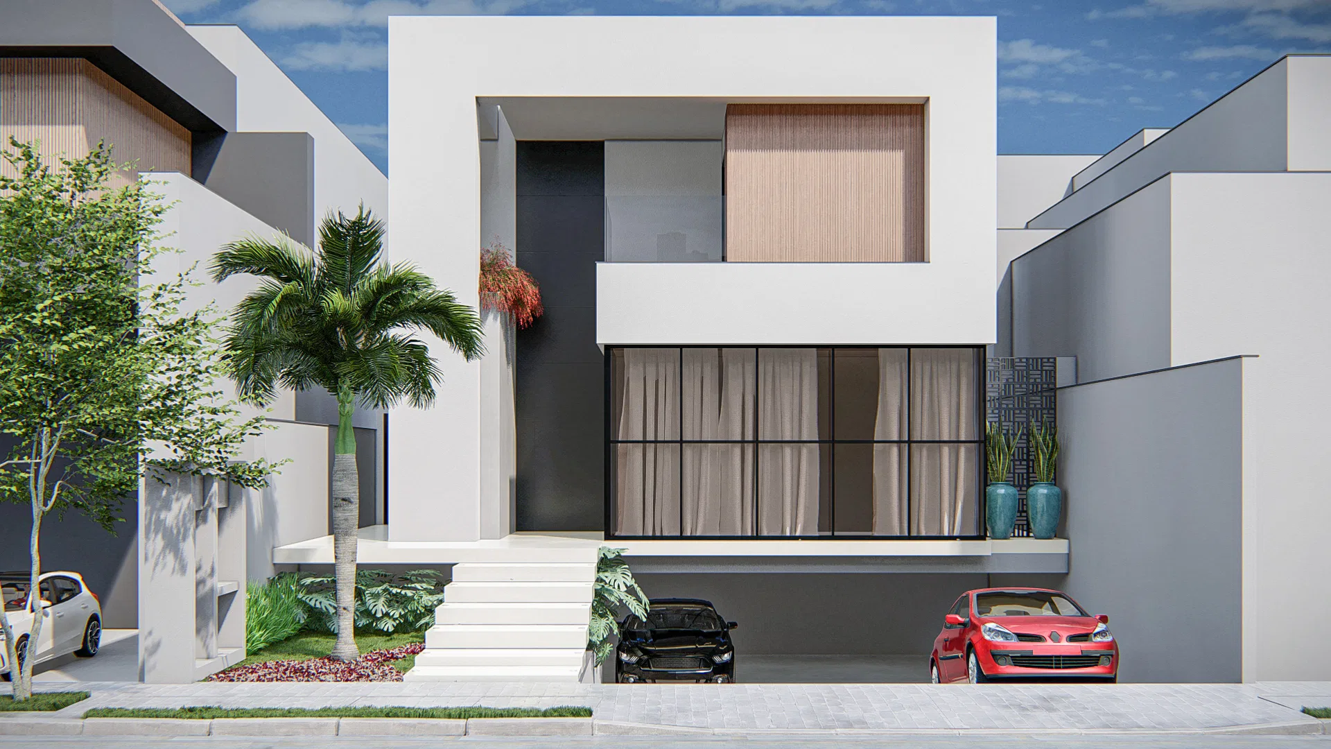 Contemporary residential facade with white volumes, slatted wood cladding, a palm tree and entrance planting bed, with cars parked in the covered garage