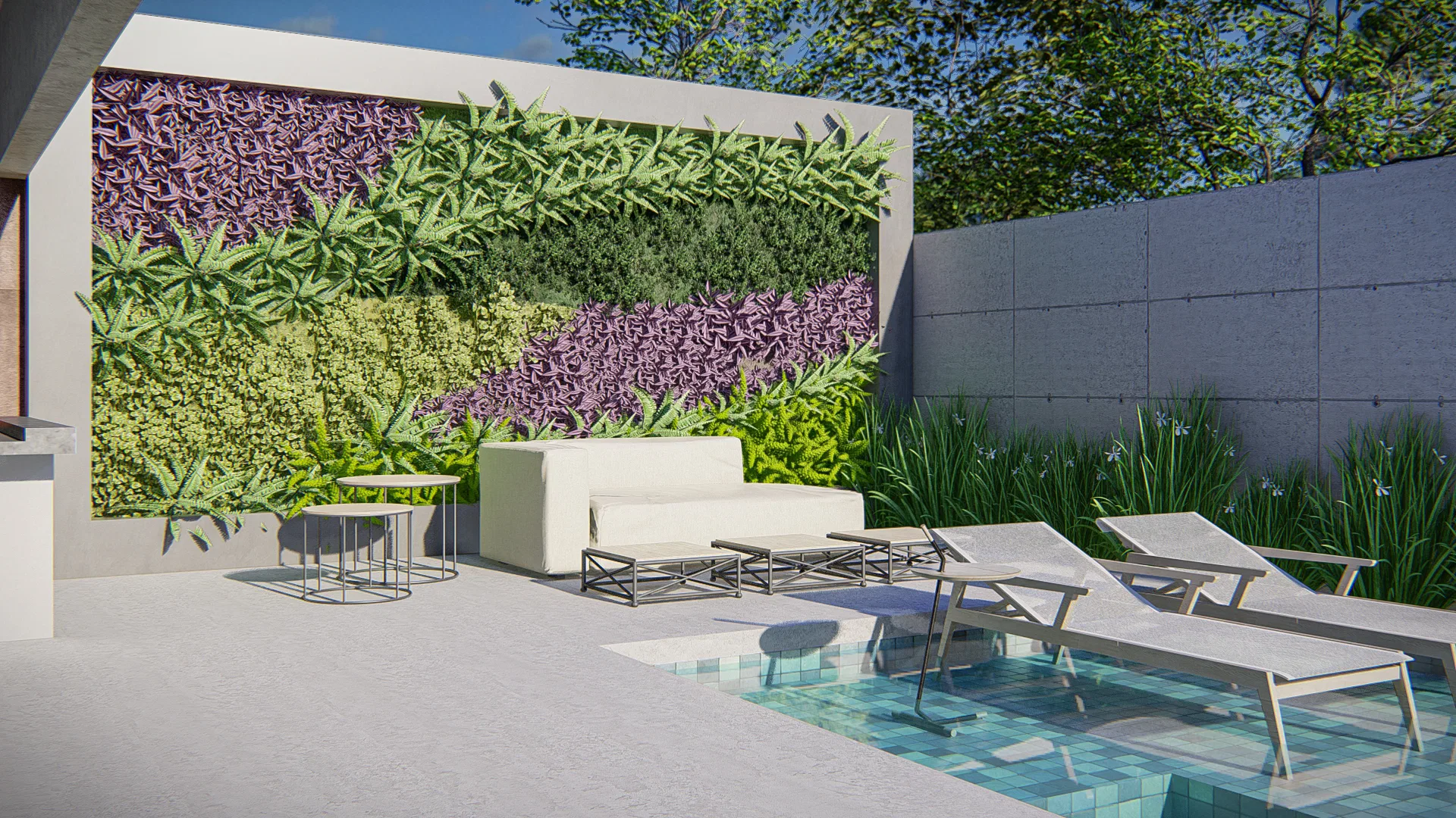Leisure area with a vanishing-edge pool, a white sofa and side tables facing a vertical garden wall in a mosaic of green and purple tones