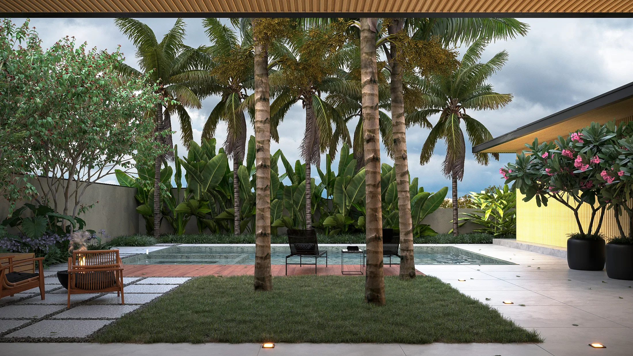 Inner courtyard with a cluster of palms on a square lawn, a pool beyond and a mustard-toned clad wall