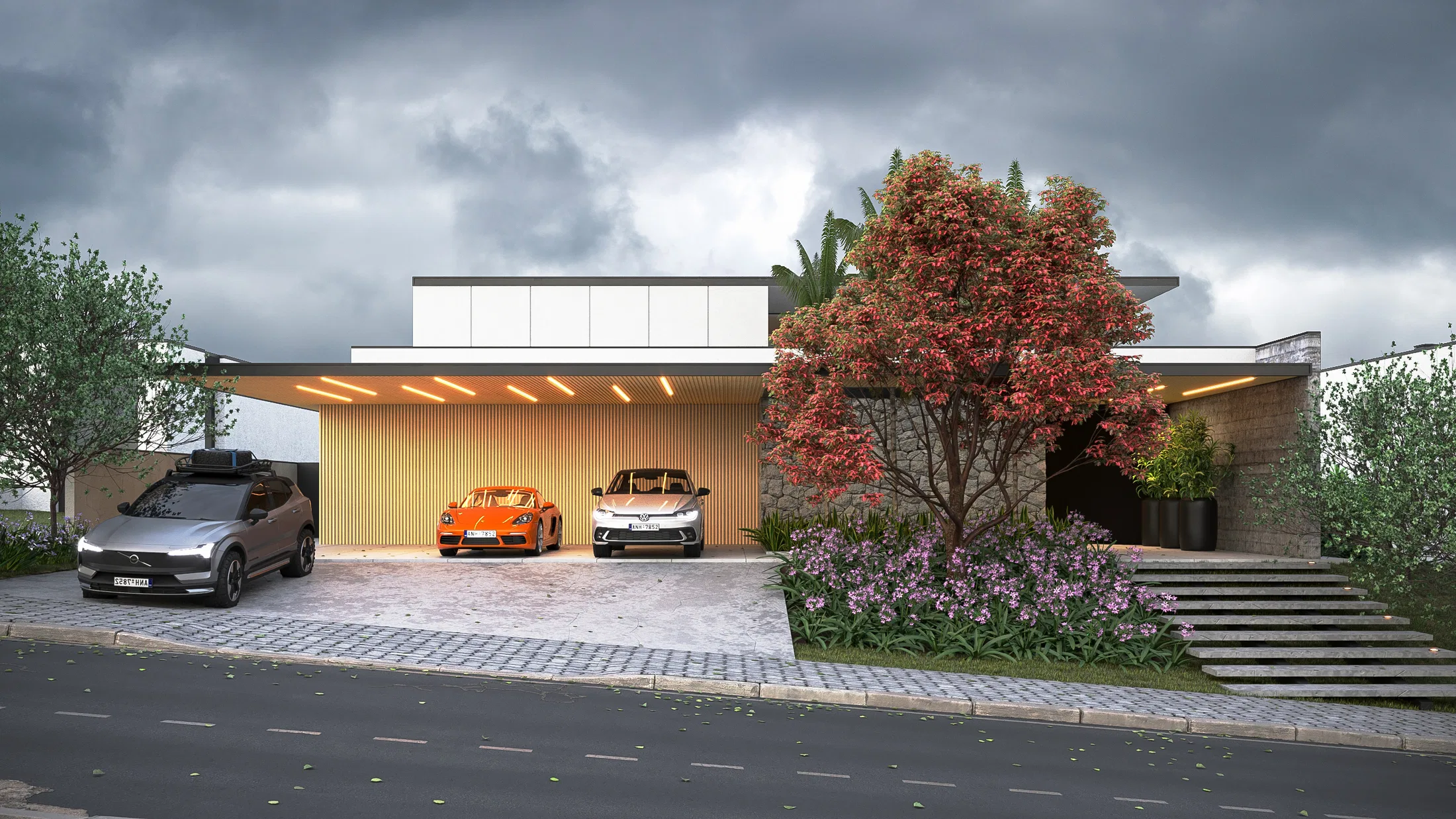 Single-storey home facade with an open carport under a lit wood-slatted ceiling, three parked cars and a red-blossomed tree