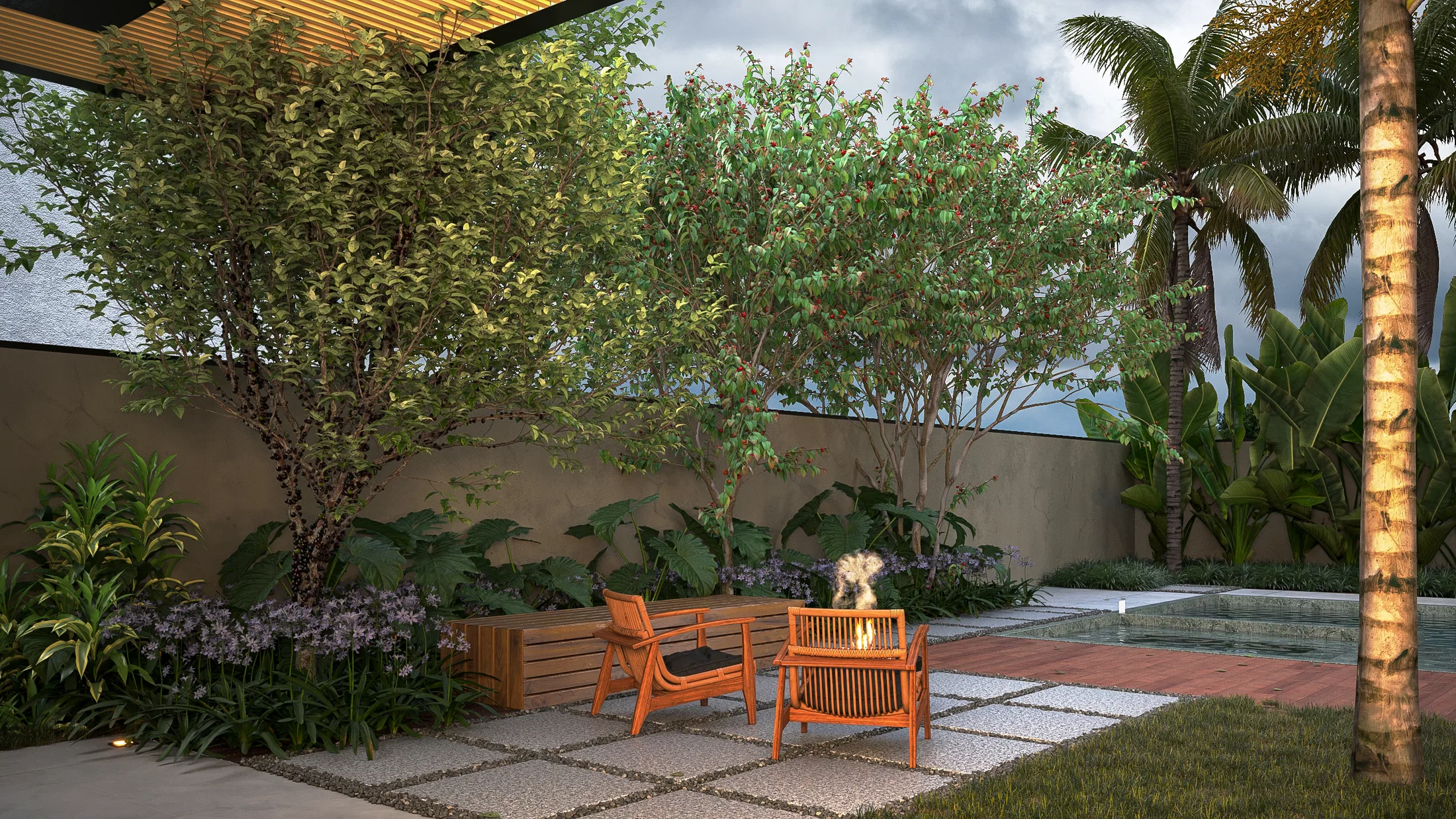 Outdoor sitting nook with wooden armchairs, a lit fire bowl and concrete-slab paving among the greenery