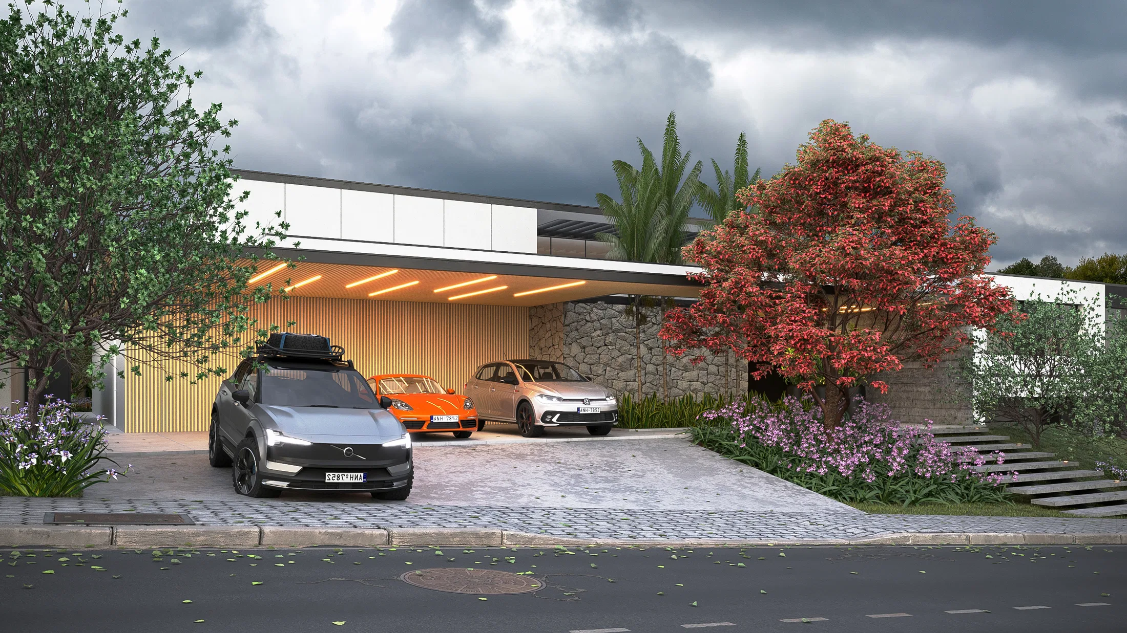 Covered carport with a wood-slatted ceiling and linear lights, sheltering an SUV and sports cars over a cobblestone drive