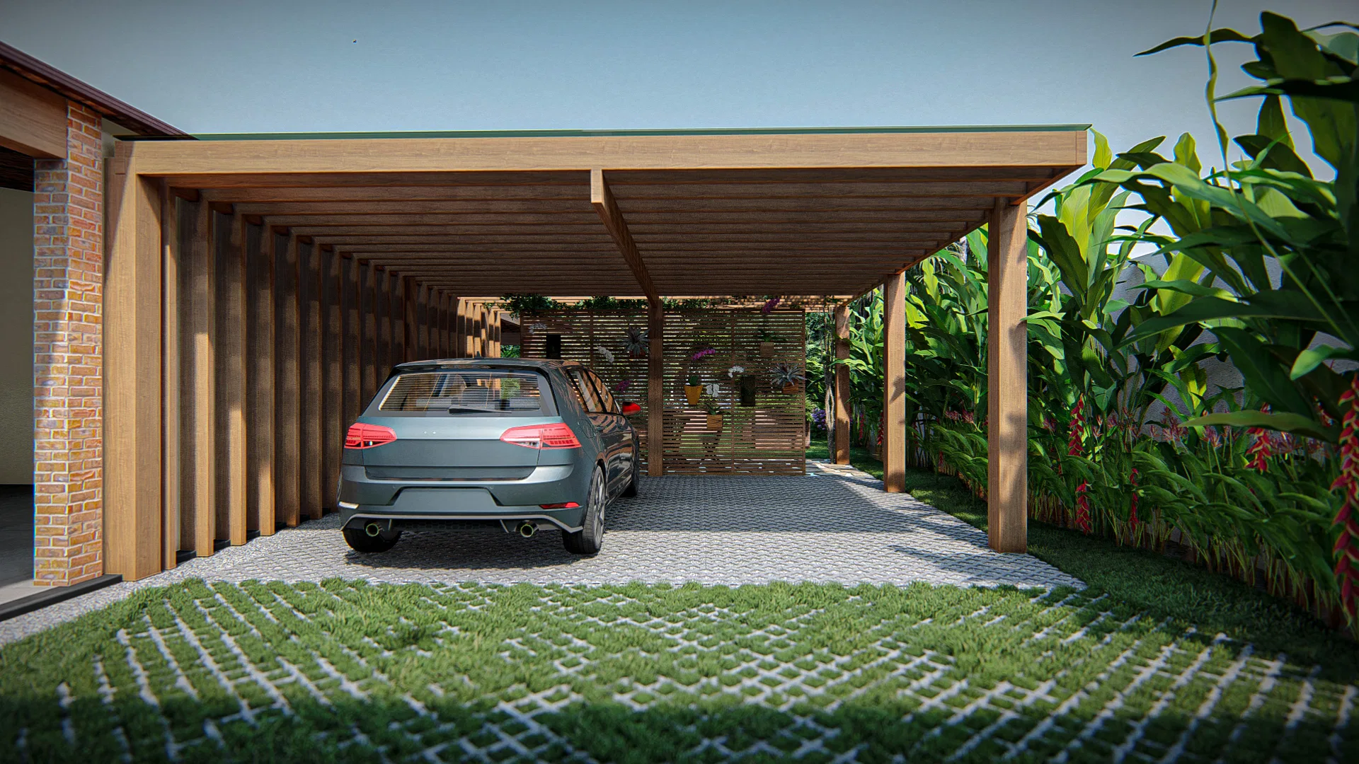Wood-structured covered carport with a parked car, permeable grass paving and a flowering planter alongside