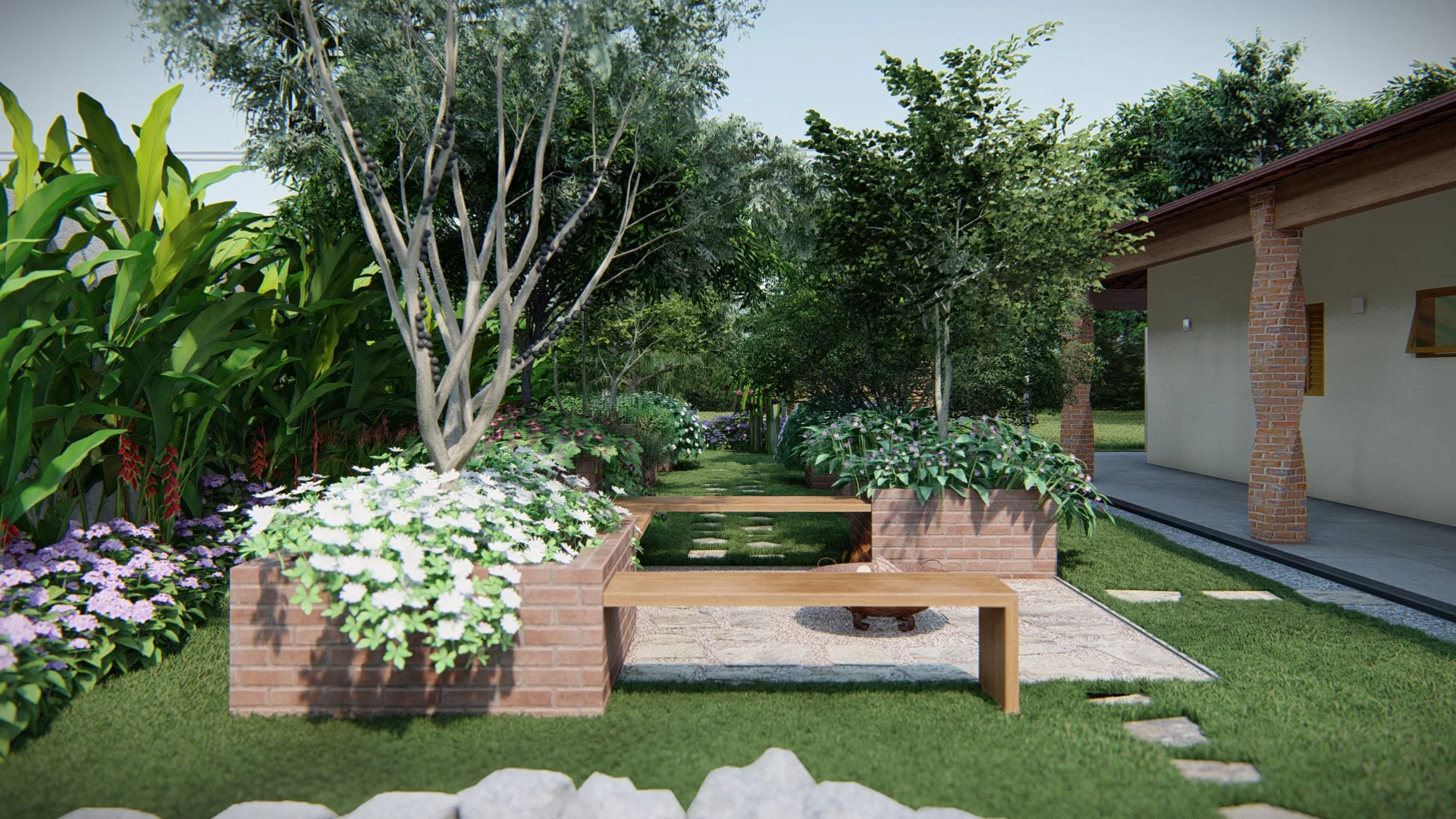 Brick planters with white-flowering shrubs, a timber bench and a narrow reflecting water strip between the garden and the house