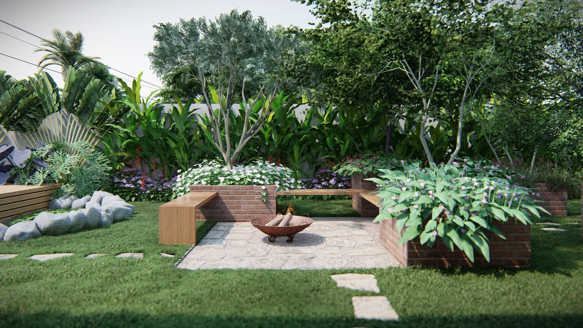Central fire-pit area with timber benches between brick planters, enclosed by dense planting