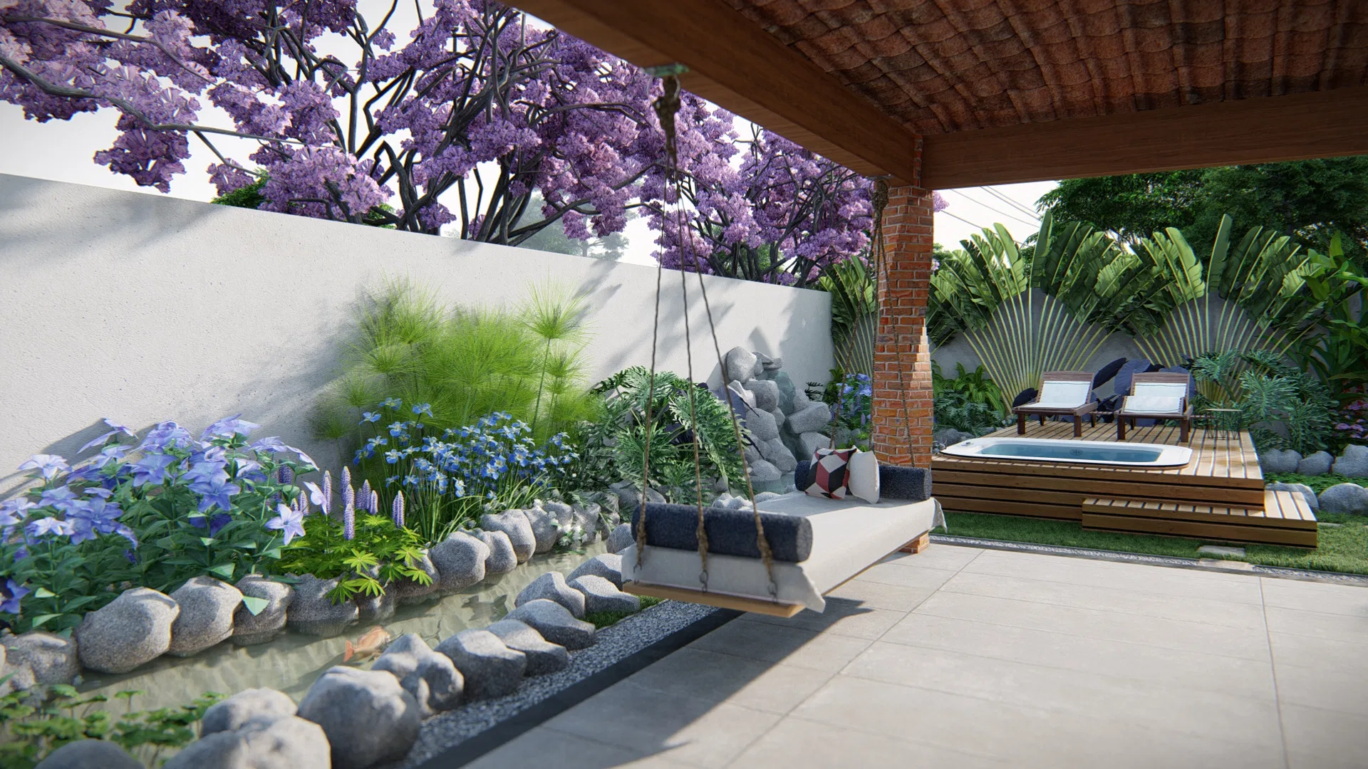 Covered porch with a hanging swing bench, an upholstered outdoor sofa and a wood-deck tub beneath a flowering tree