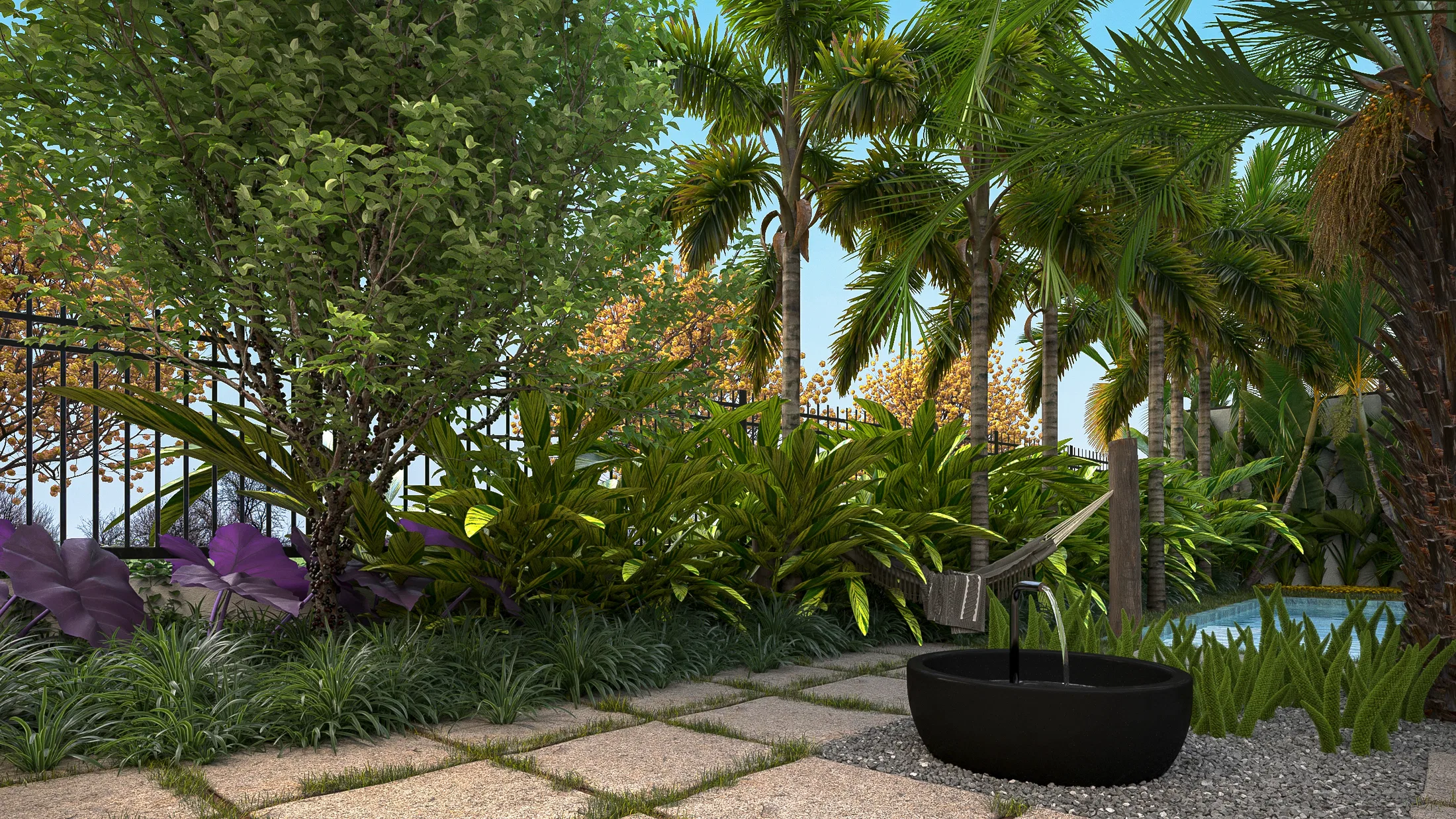 A dark stone bowl water feature in the foreground, edged by palms, grasses and purplish foliage, with a hammock and pool deeper in the garden