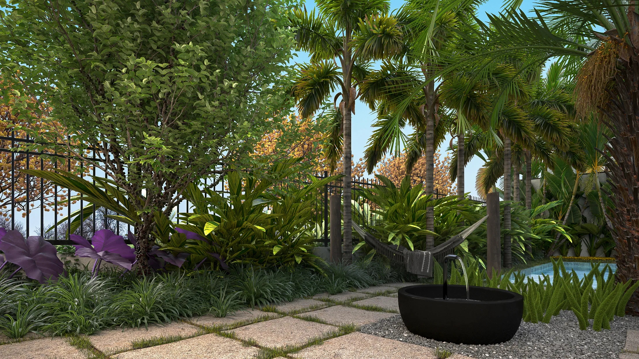 Garden nook with a dark stone bowl fountain, a slung hammock, palms and purple-leaf plants beside a metal fence, a pool just alongside