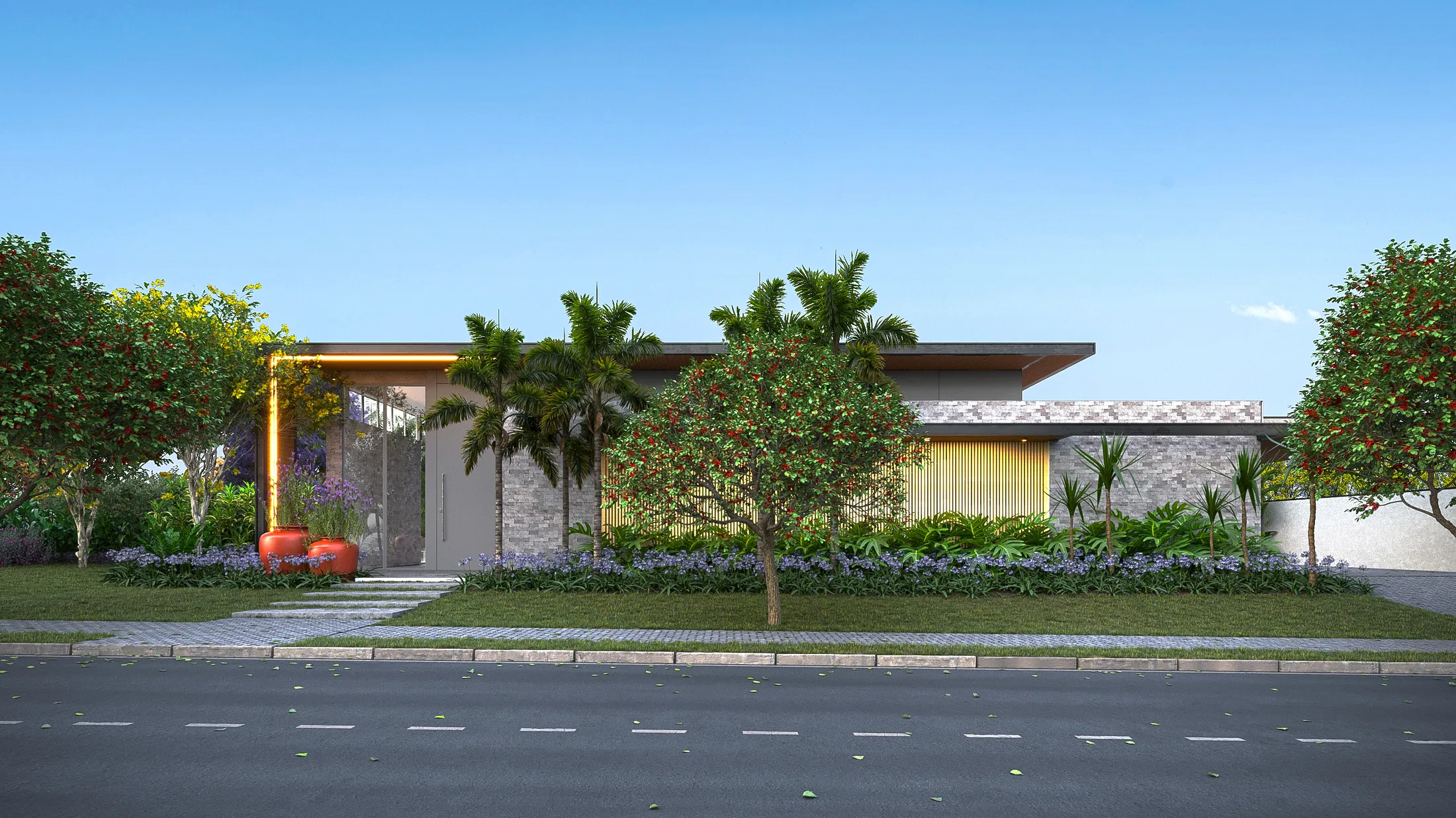 Single-storey home from the street at dusk, with a stone wall, a backlit yellow vertical panel, palms and a lilac planting bed with orange spherical pots
