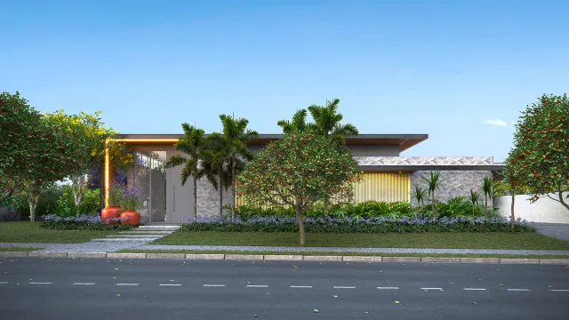 Single-storey home from the street at dusk, with a stone wall, a backlit yellow vertical panel, palms and a lilac planting bed with orange spherical pots