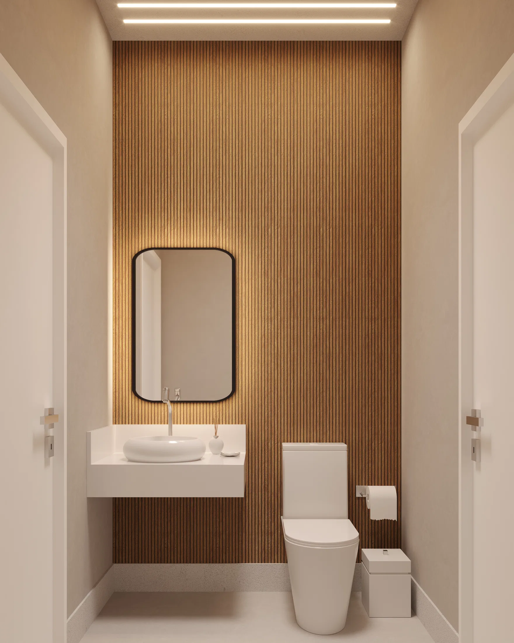 Narrow bathroom with a ripped-wood wall, a black-framed rectangular mirror and a vessel sink on a white counter
