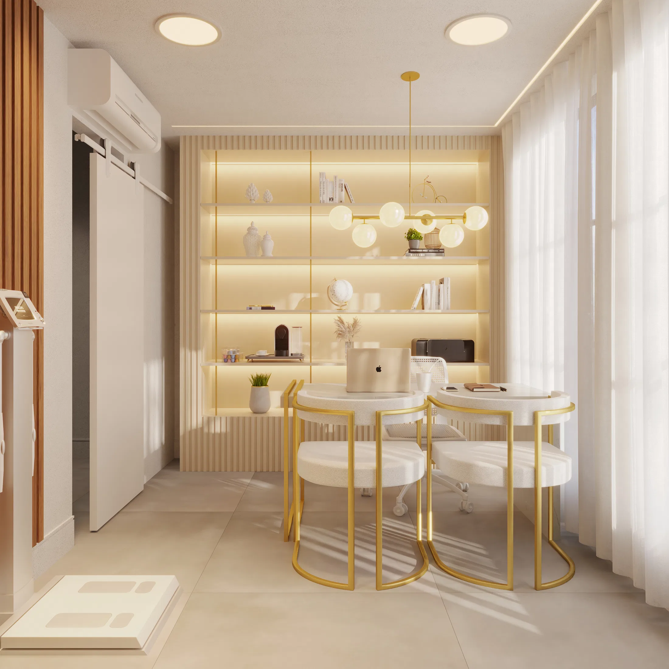 Consultation room with a lit slatted shelf displaying decor objects, a round marble table with beige upholstered chairs and equipment on a stand