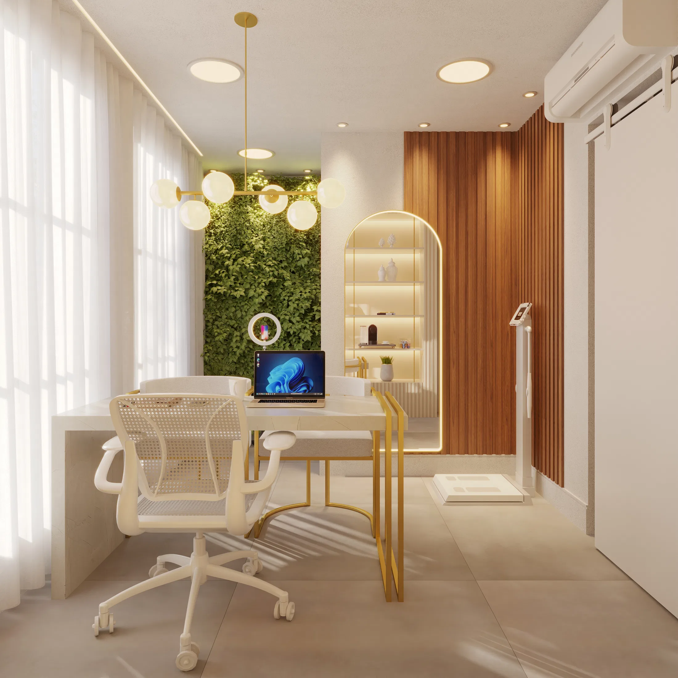 Consultation room with a living green wall, a glass desk with a white ergonomic chair, a gold pendant light and a lit wood-paneled niche
