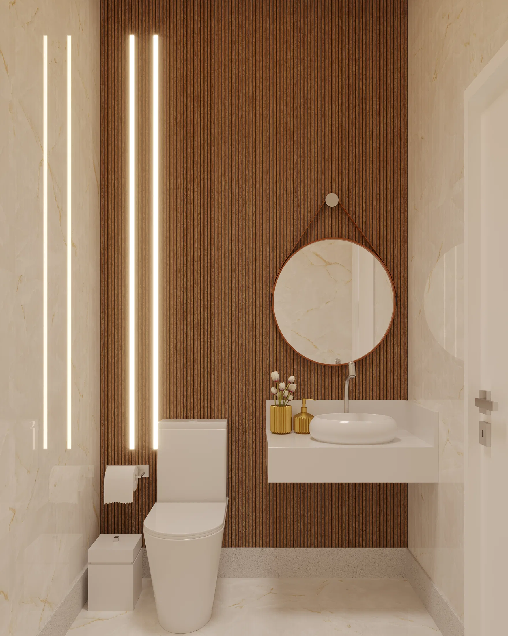 Bathroom with a ripped-wood accent wall, a round leather-framed mirror over a white vessel sink and vertical LED light strips