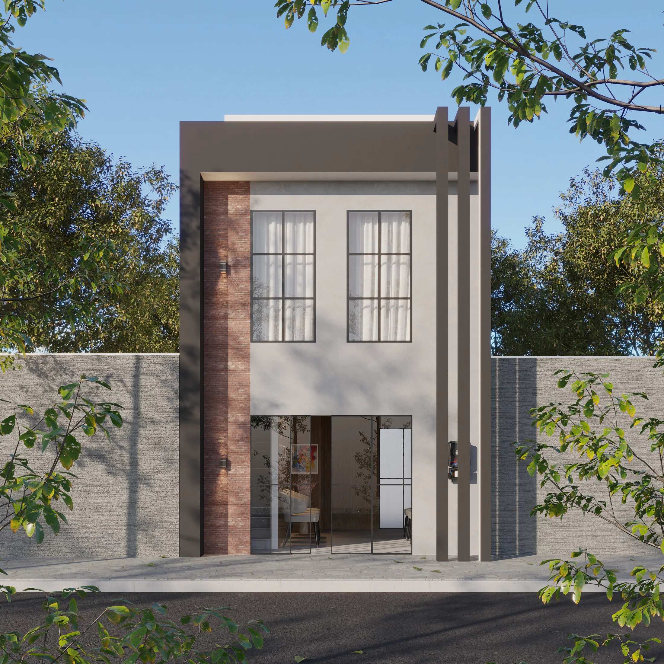 Two-story facade with exposed-brick cladding, dark vertical pilasters and glass doors, surrounded by trees