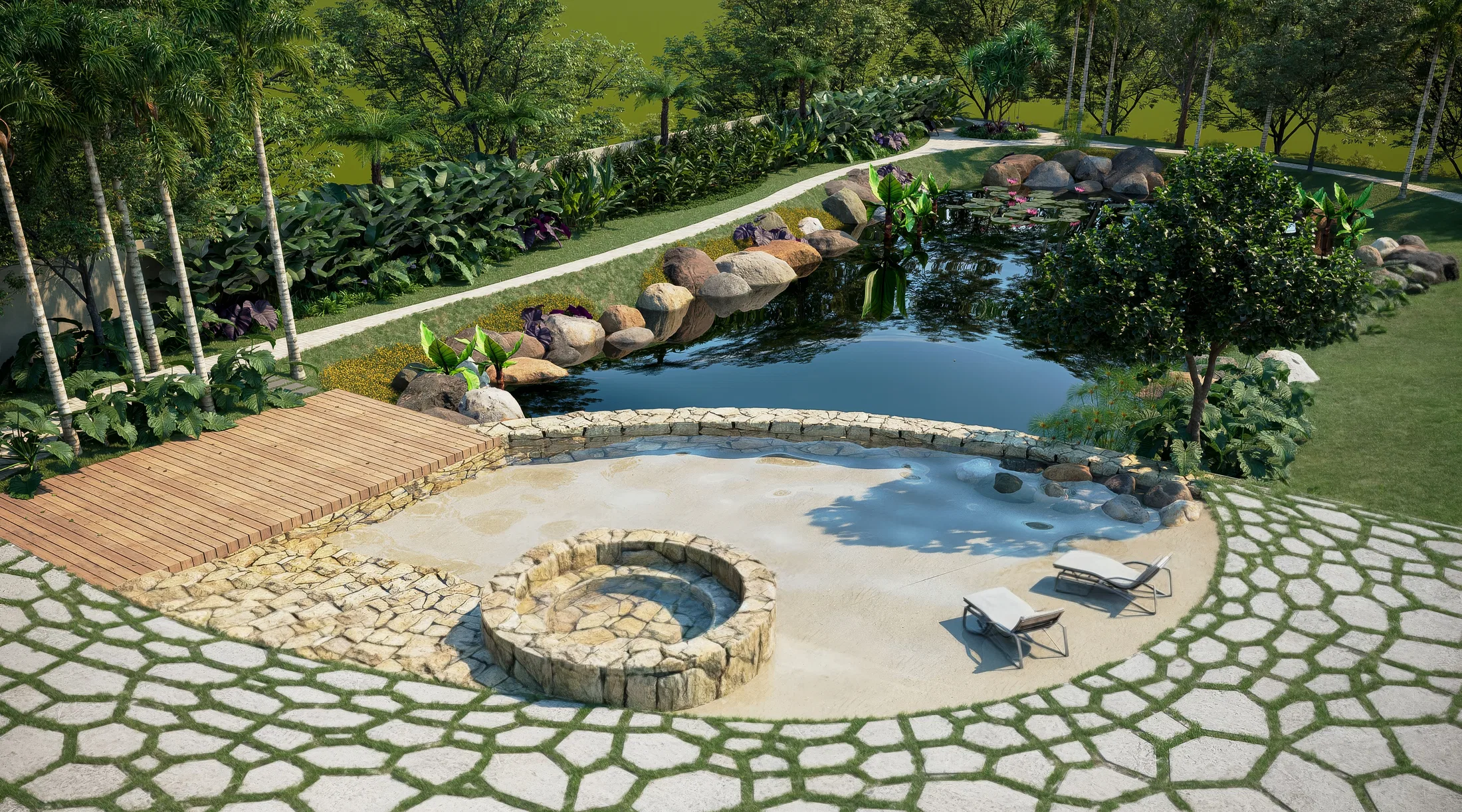 Elevated view of the naturalistic pond with a circular stone fire pit, sand beach, timber deck and crazy-paving stone floor