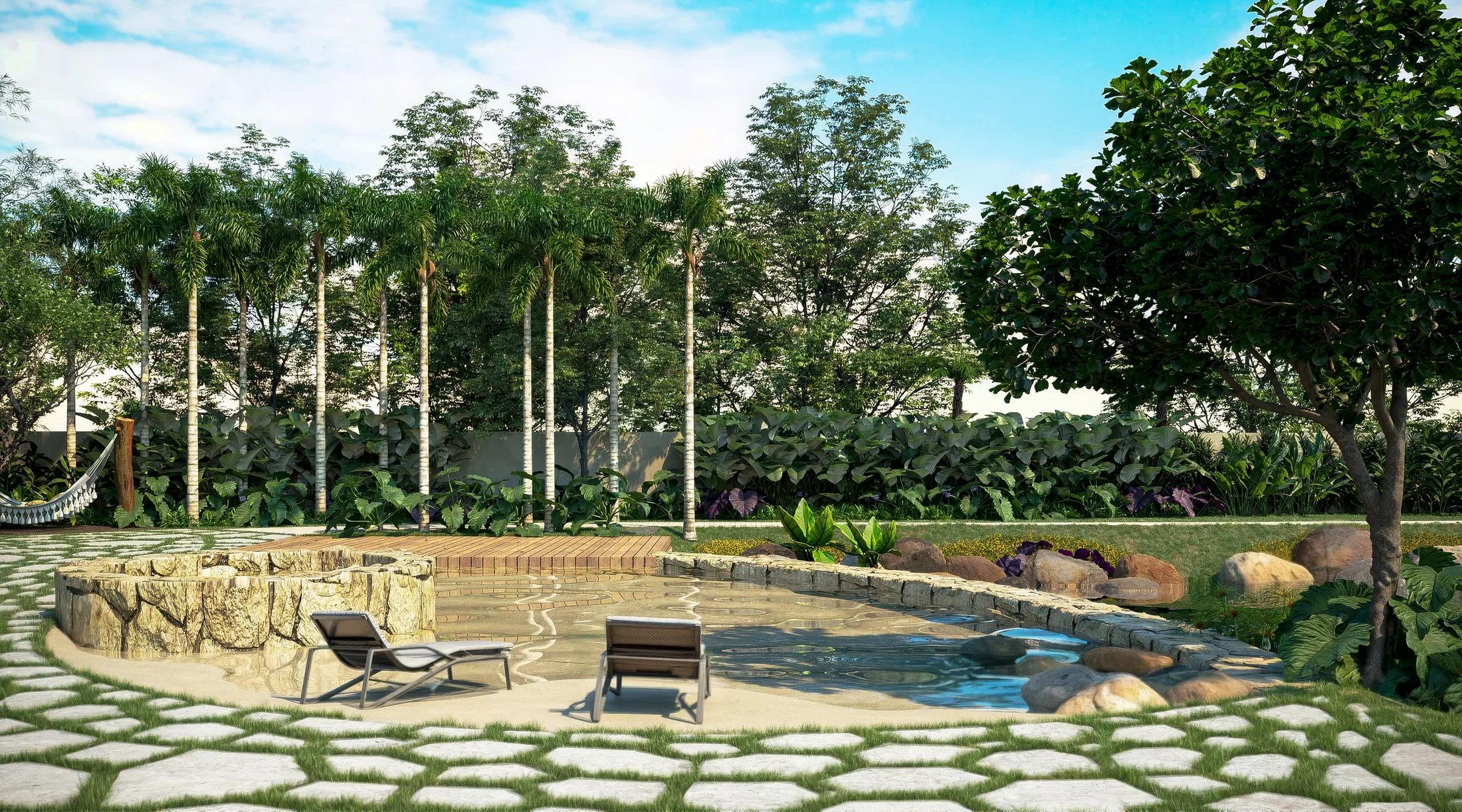 Beach-entry pool with a sand shore and stone edge, loungers on the bank and royal palms in the background