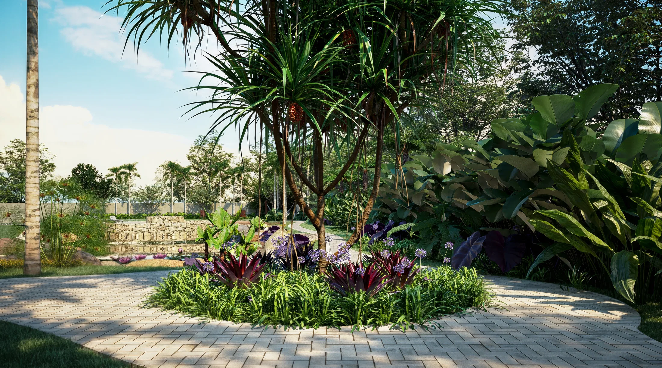 Circular planting island in the paved patio, with a tall-stemmed dracaena, agapanthus and purple bromeliads among tropical foliage