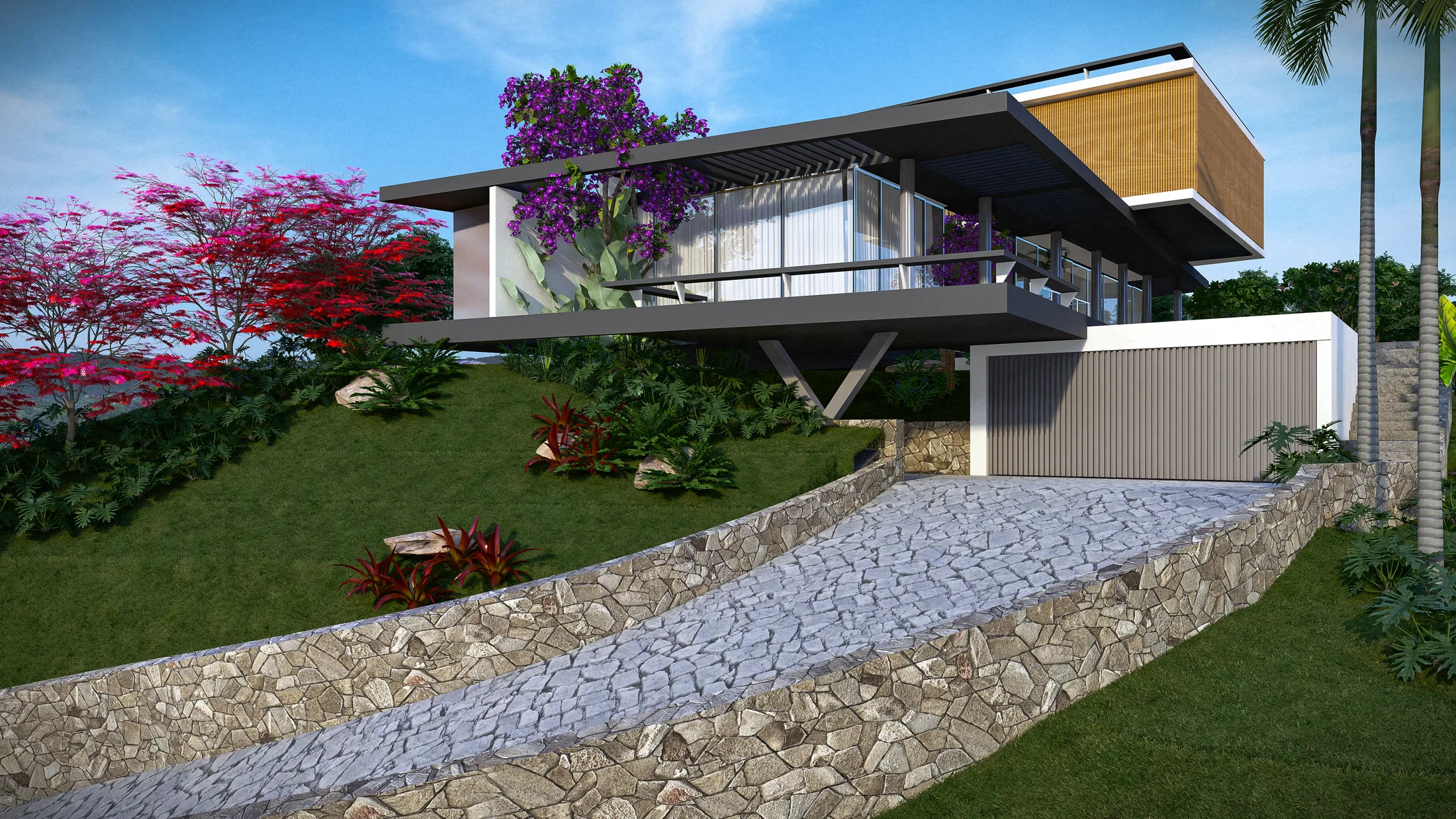Front view of the cantilevered volume on a V-shaped pillar, with purple blooms and a red-leaved tree on the slope and a Portuguese-cobblestone path climbing the lawn