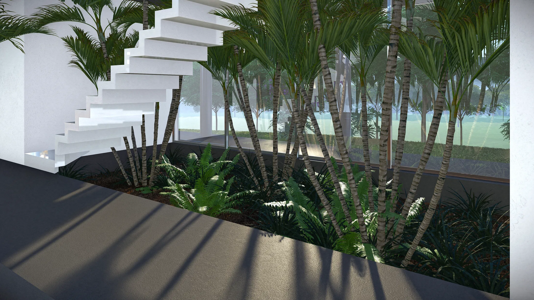 Interior white-concrete staircase with floating treads beside a garden of palms and ferns against the glazed wall