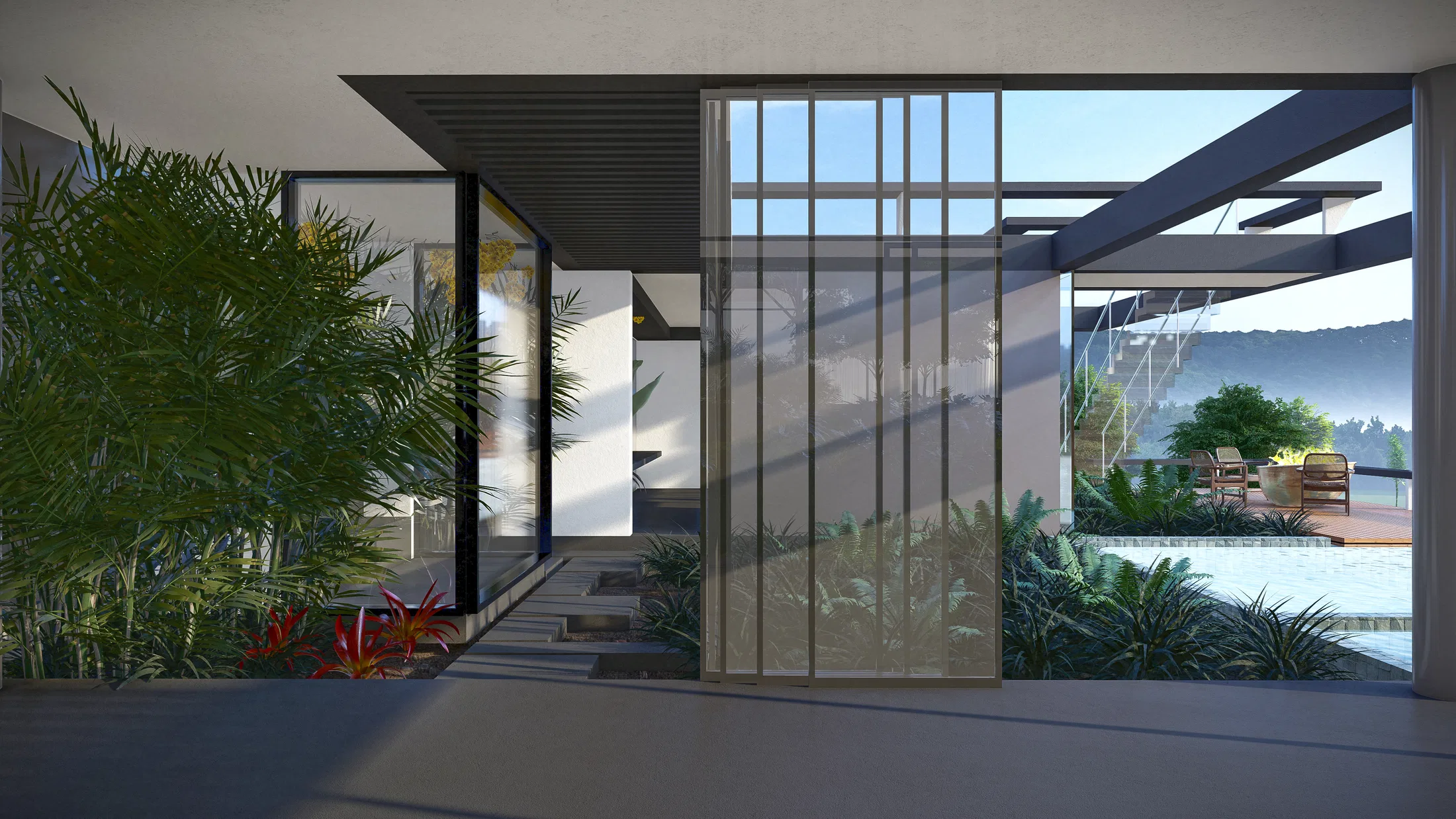 Low-ceilinged entrance hall with a palm-and-bromeliad garden on the left and a framed view of the sunlit pool and deck beyond