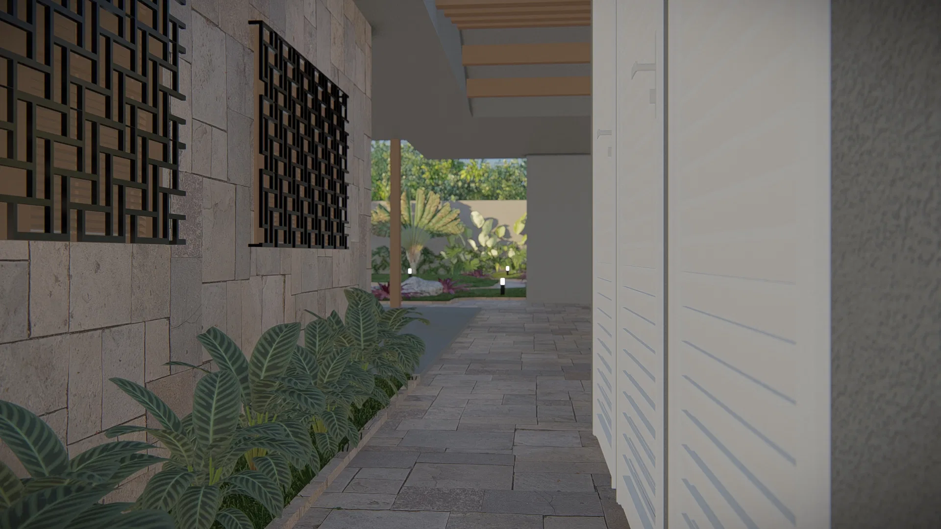 Covered side corridor with perforated wood panels, a narrow foliage bed and a garden view in the background