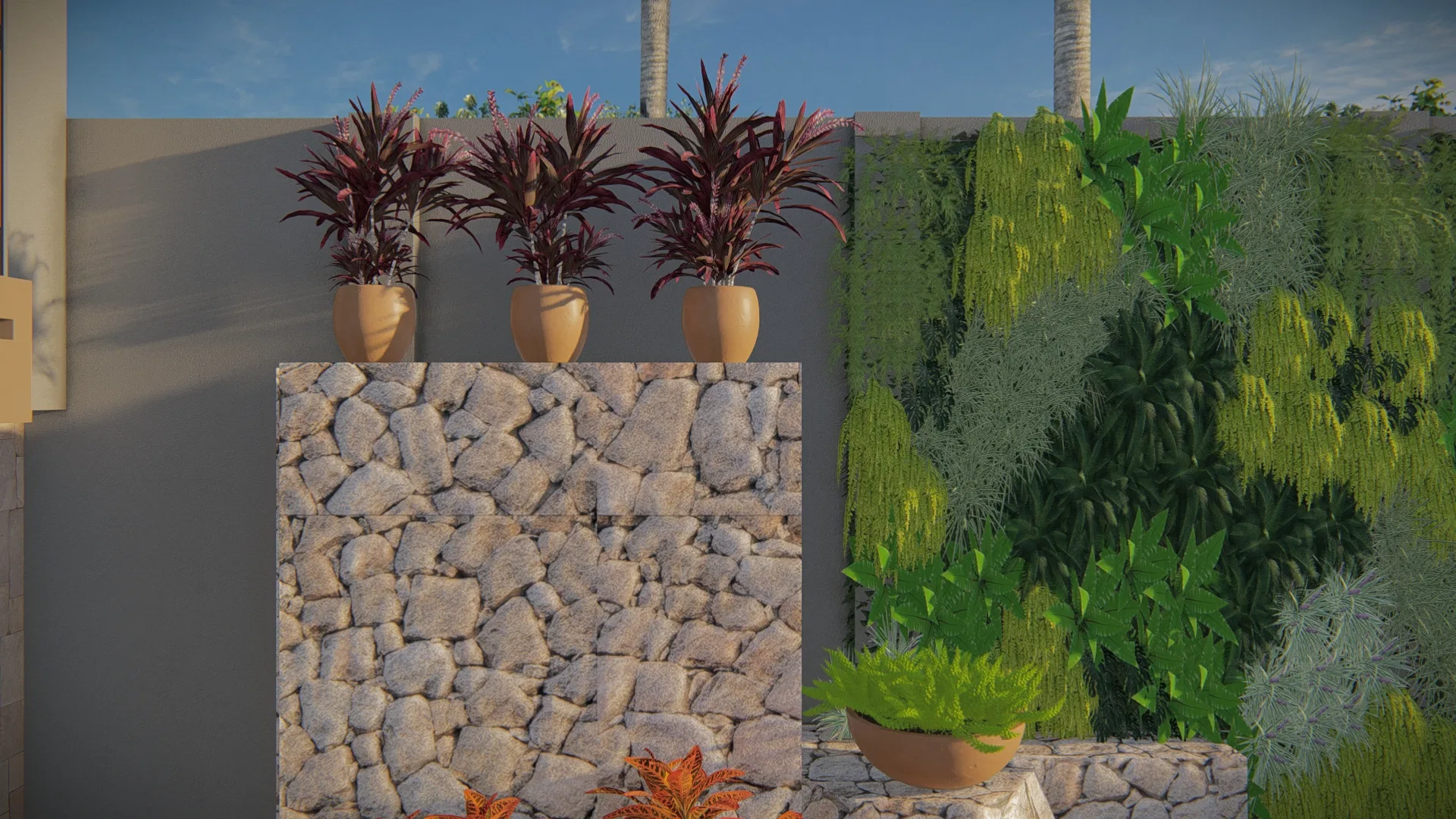 Detail of potted red-leafed plants on a rustic stone panel, next to a living wall
